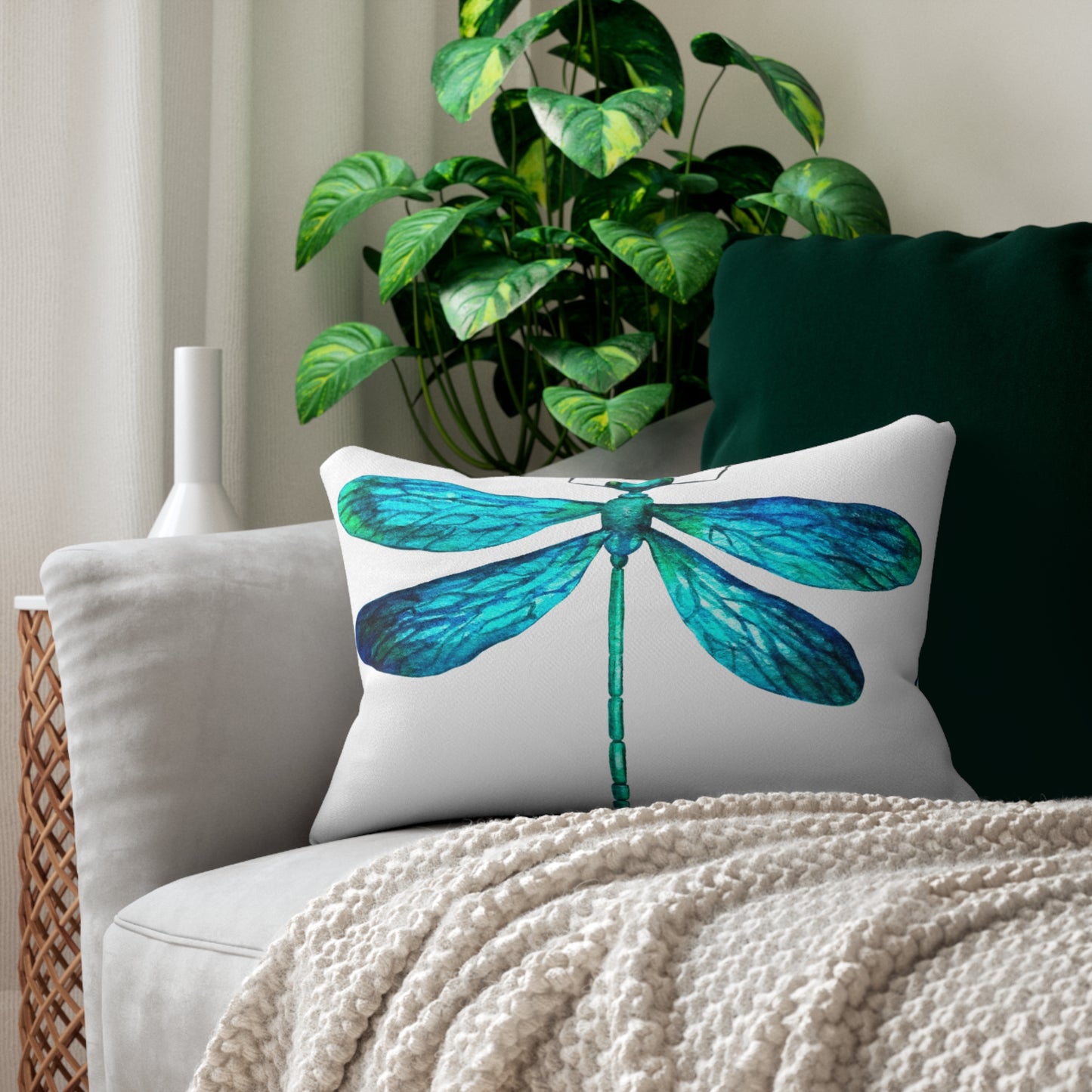 Bohemian Floral and Blue Turquoise Dragonfly Lumbar Pillow // Cozy Home Decor, Throw Cushion, Gift for Nature Lovers, Living Room Accent, Unique Housewarming Gift