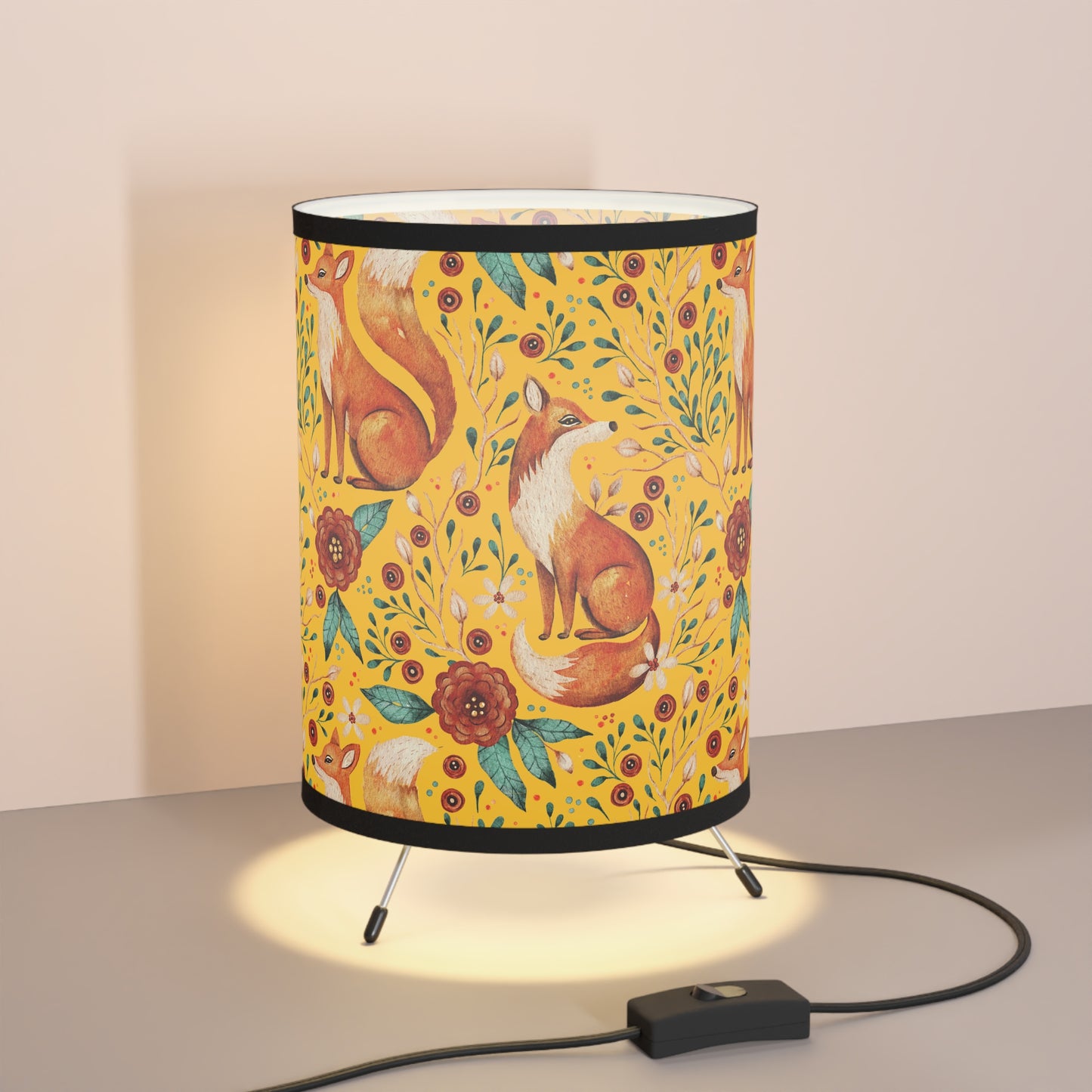 Whimsical Fox Tripod Lamp - High-Res Printed Shade for Cozy Decor - Yellow