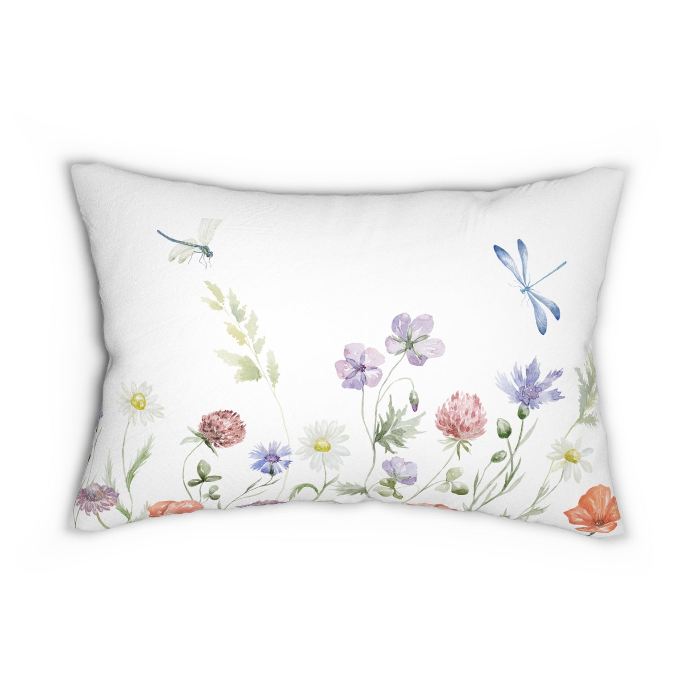 Botanical Lumbar Pillow with Dragonflies and Wildflowers, Decorative Pillow, Home Decor, Gift for Garden Lovers, Spring Accent Cushion