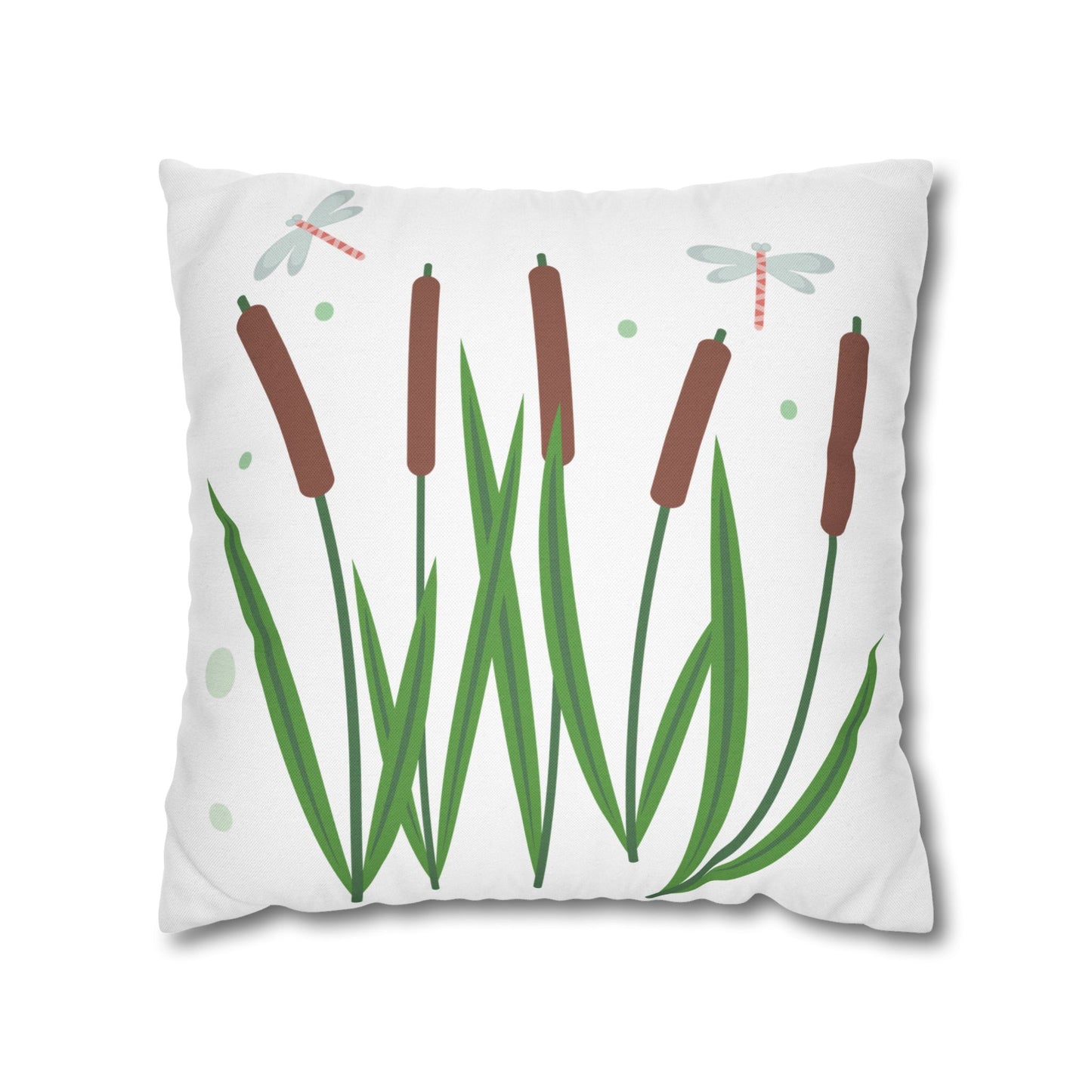 Nature-Inspired Dragonflies and Cattails Square Pillowcase, Cozy Decorative Cushion Cover for Home, Botanical Decor, Gift for Nature Lovers, Stylish Throw Pillow