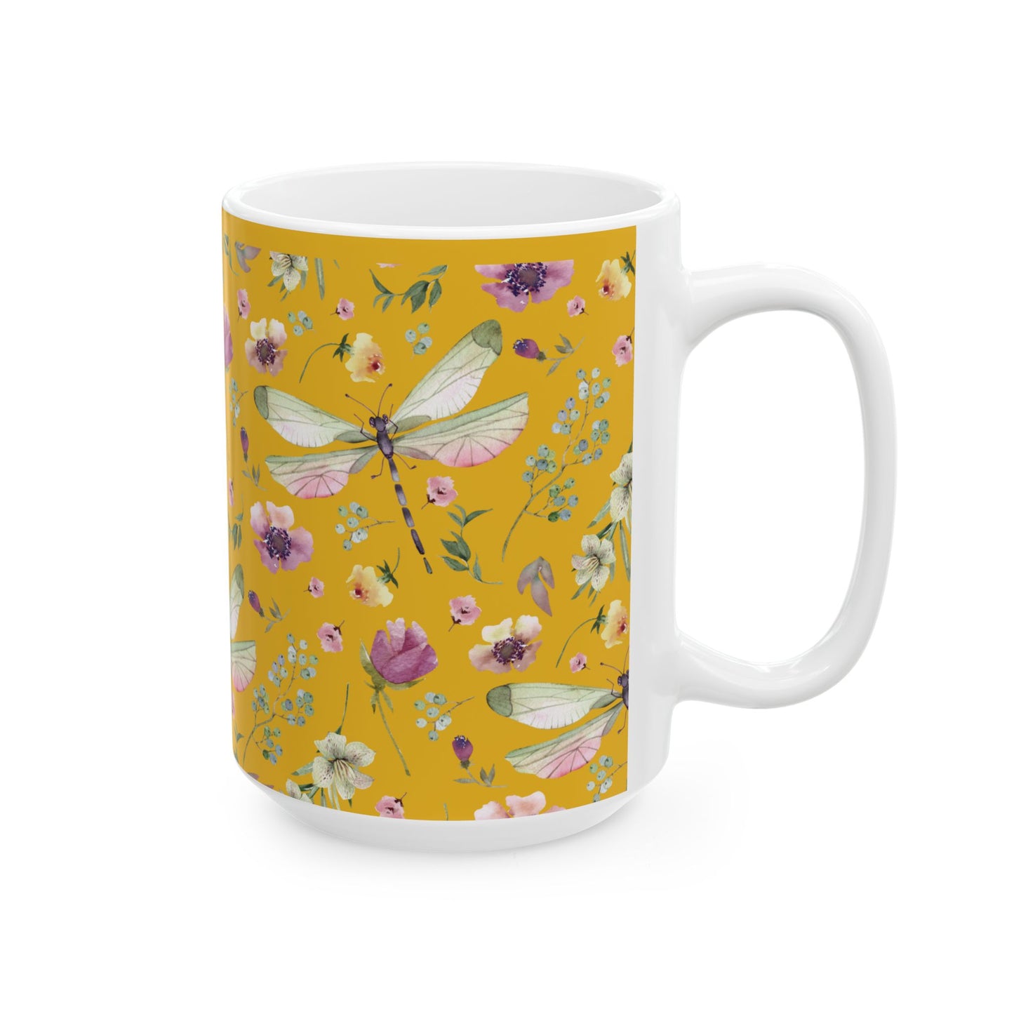 Whimsy in Bloom – Dragonflies & Floral Elegance ,Mug, Ceramic - Yellow