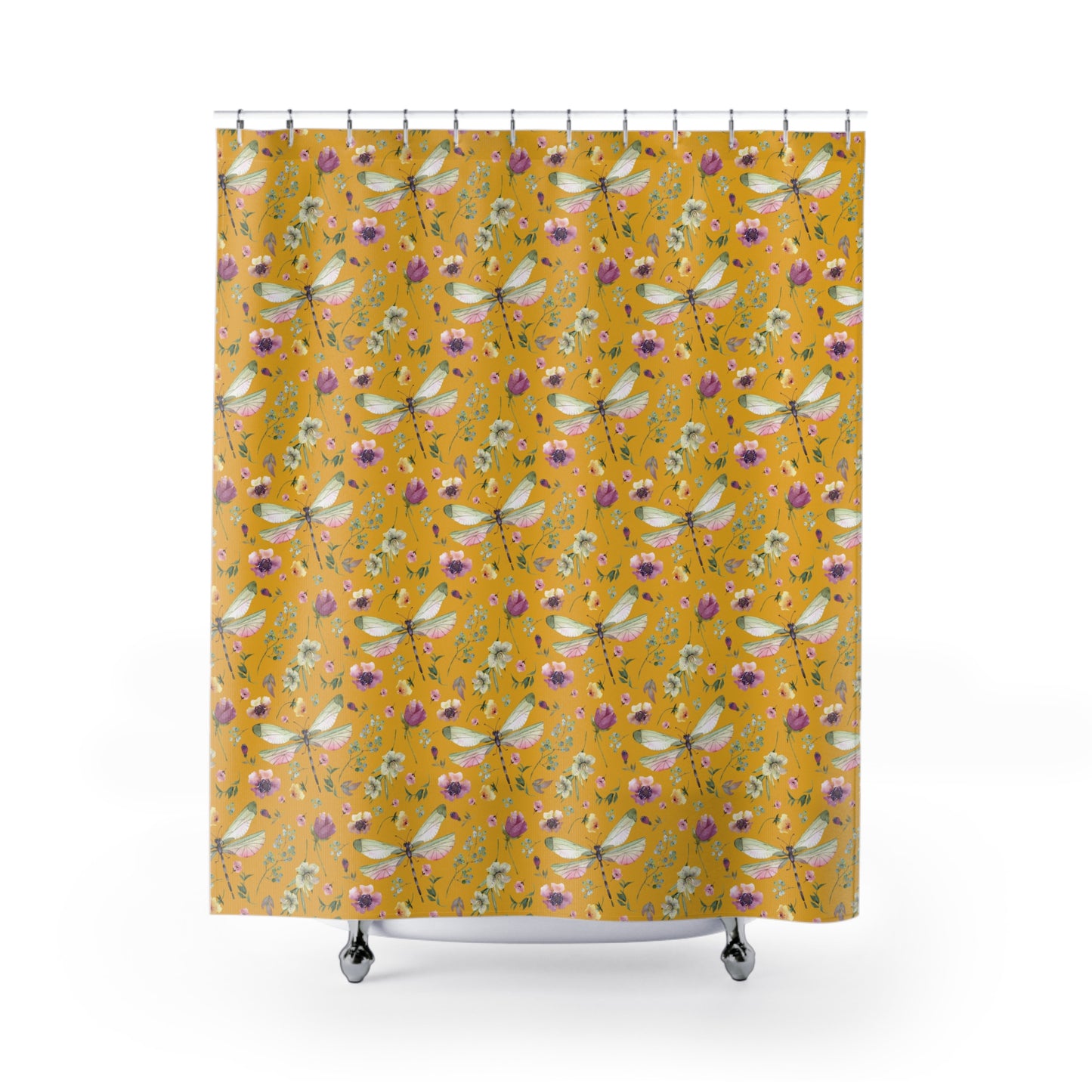 Floral Dragonfly Shower Curtain - Nature-Inspired Bathroom Decor - Yellow