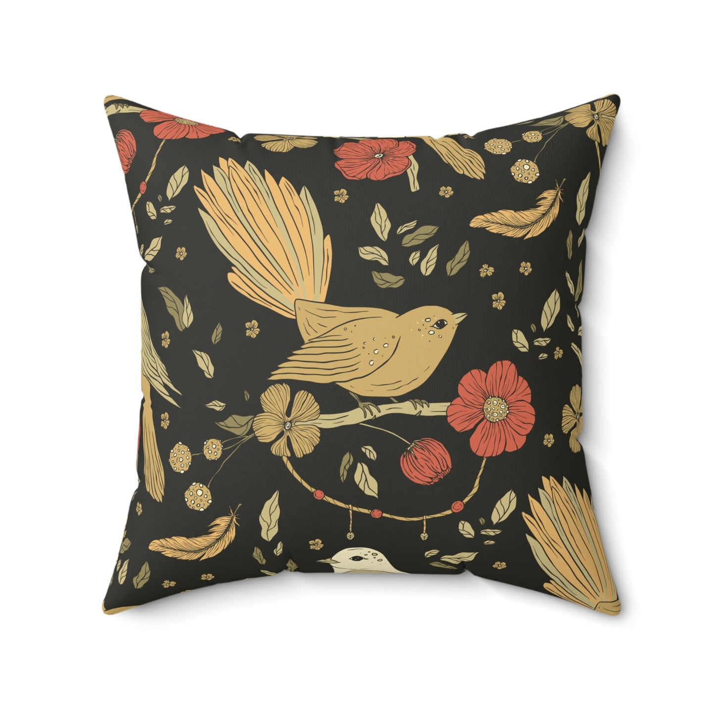 Throw Pillow Songbird and Floral Boho Floral & Geometric Spun Polyester Pillow | Cozy Home Decor, Unique Gift, Decorative Cushion, Modern Accent, Bird Print