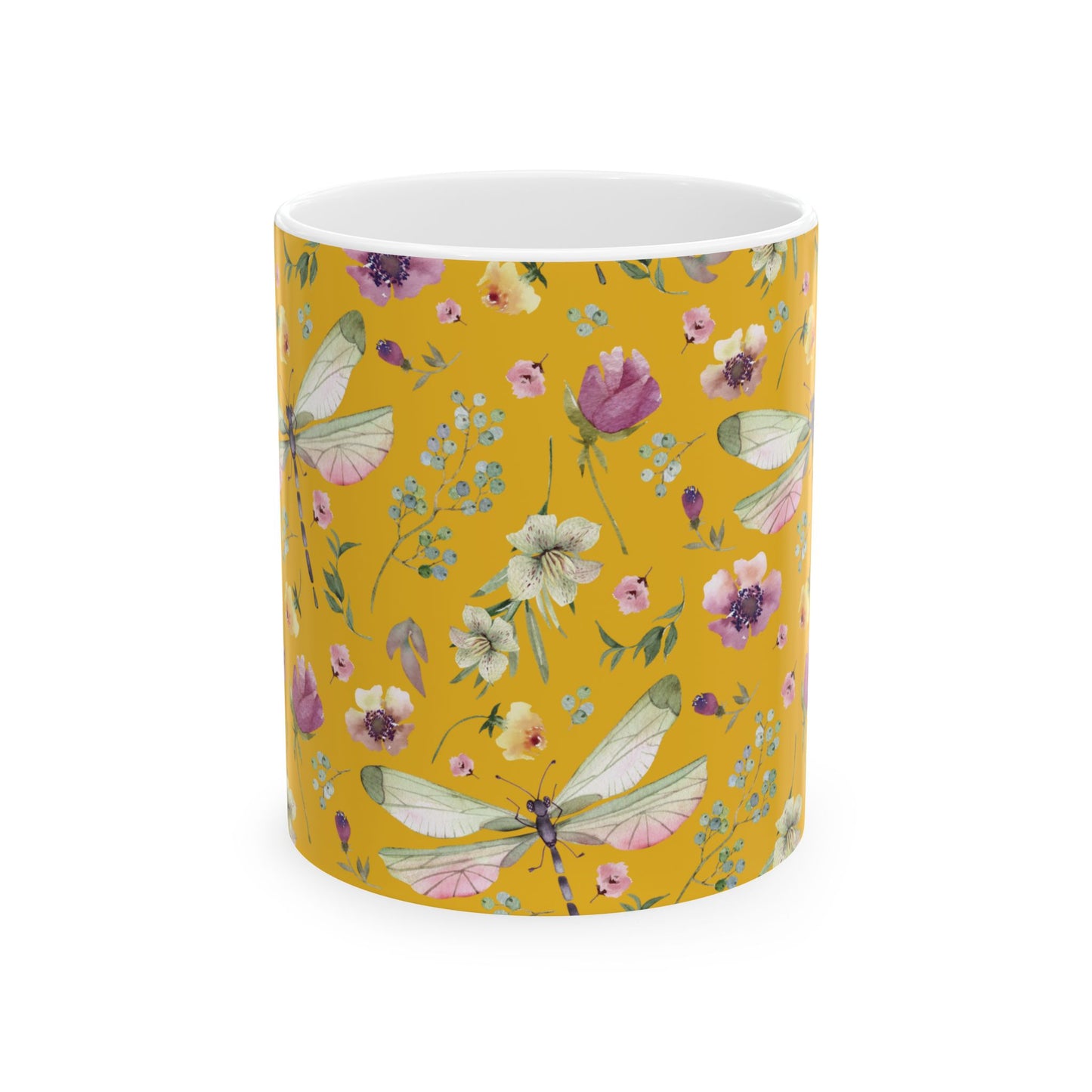 Whimsy in Bloom – Dragonflies & Floral Elegance ,Mug, Ceramic - Yellow