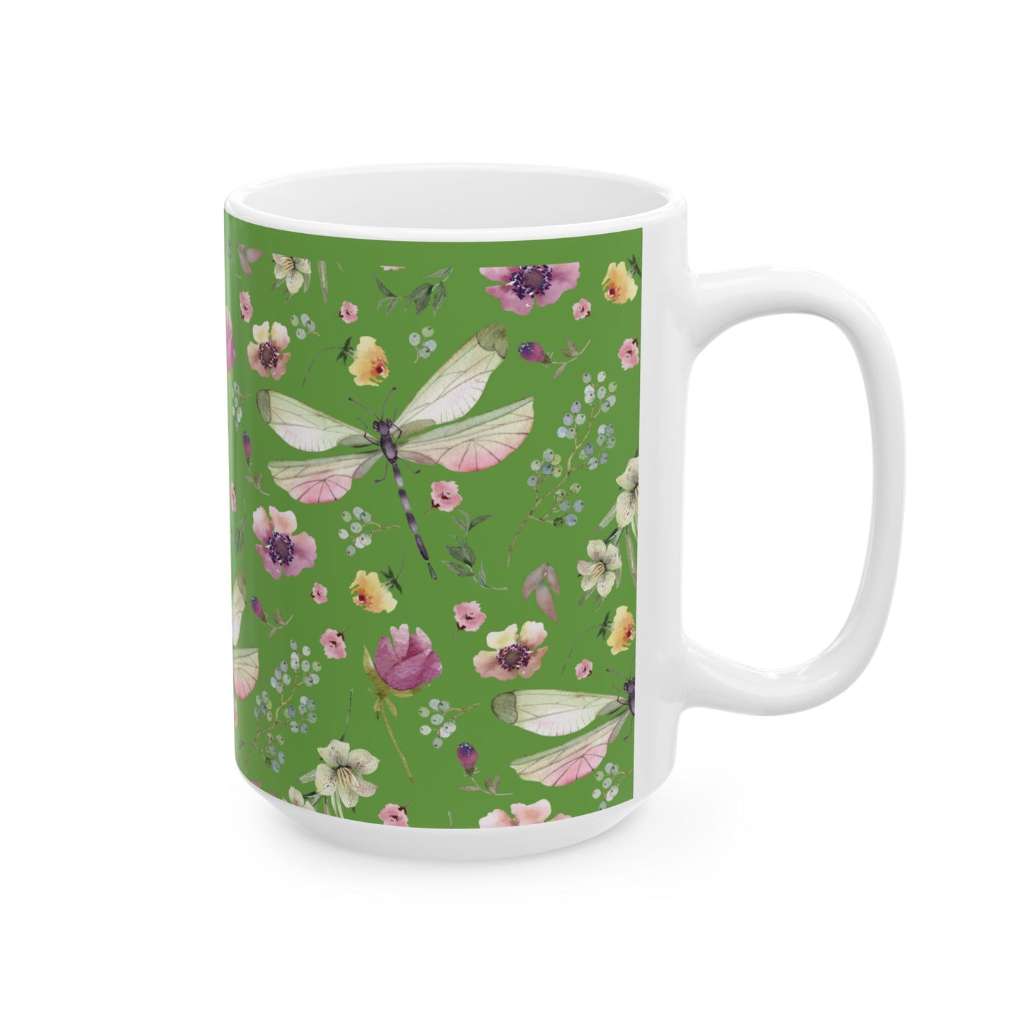 Whimsy in Bloom – Dragonflies & Floral Elegance ,Mug, Ceramic