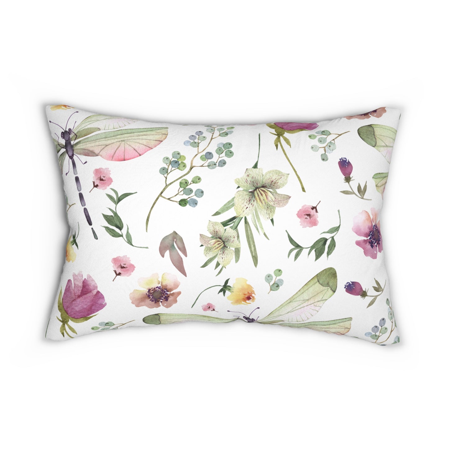 Floral and Meadow Dragonfly Lumbar Pillow - Nature-Inspired Home Decor, Cozy Sofa Cushion, Gift for Plant Lovers, Spring Decoration, Botanical Pillow