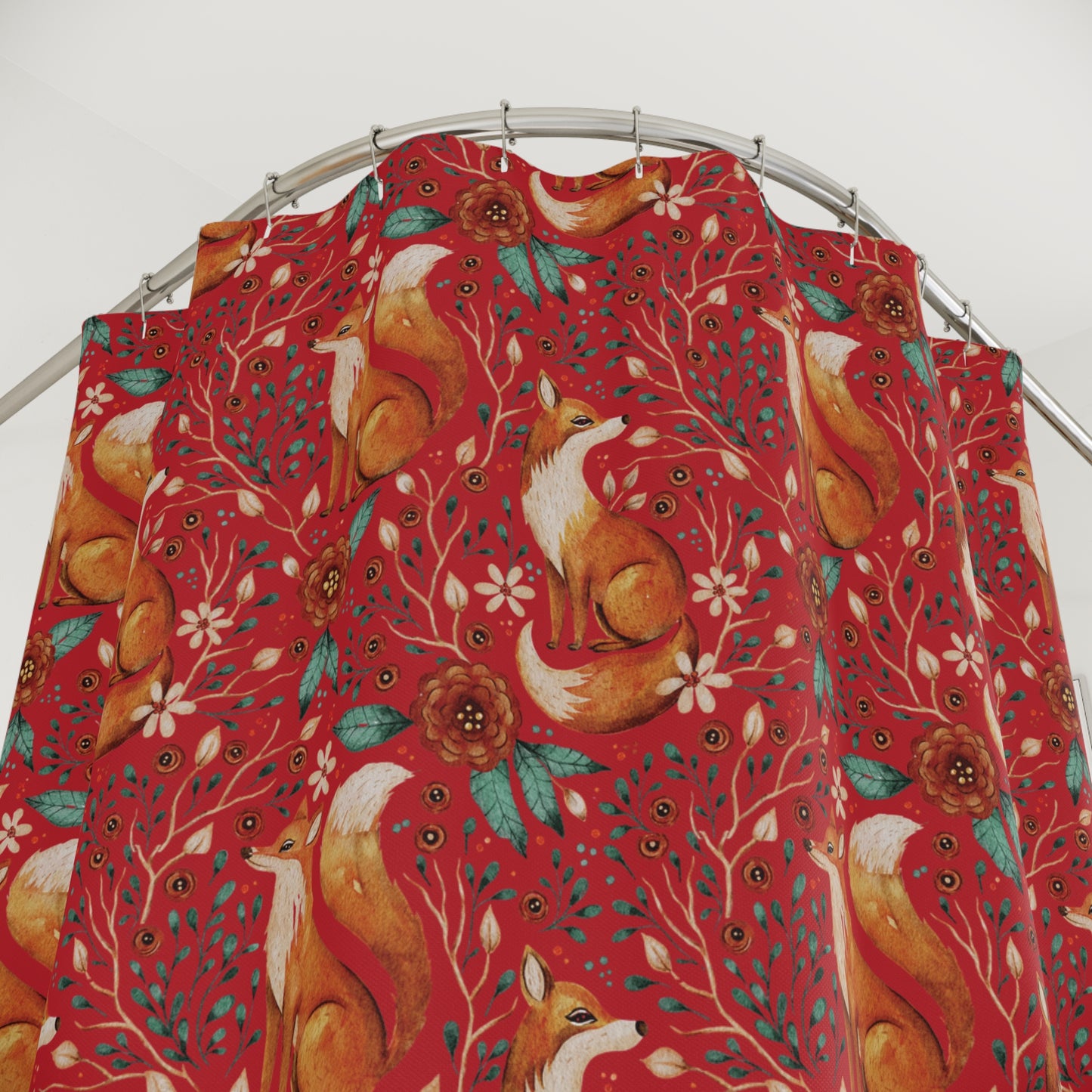 Whimsical Fox Shower Curtain - Nature-Inspired Bathroom Decor - Deep Red