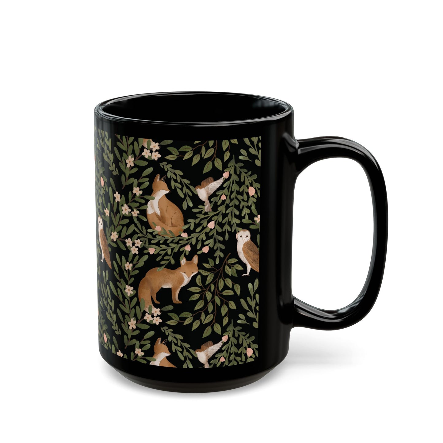 Little Fox and Owl Woodland Themed Black Mug - Perfect for Nature Lovers