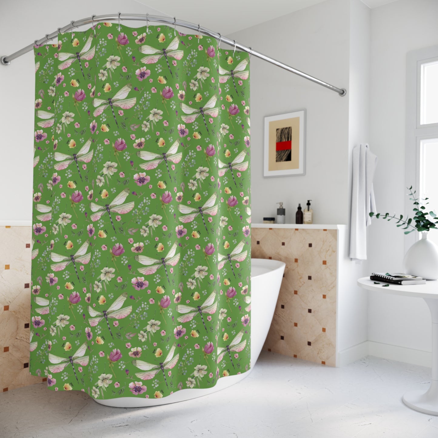 Floral Dragonfly Shower Curtain - Nature-Inspired Bathroom Decor - Thyme Green