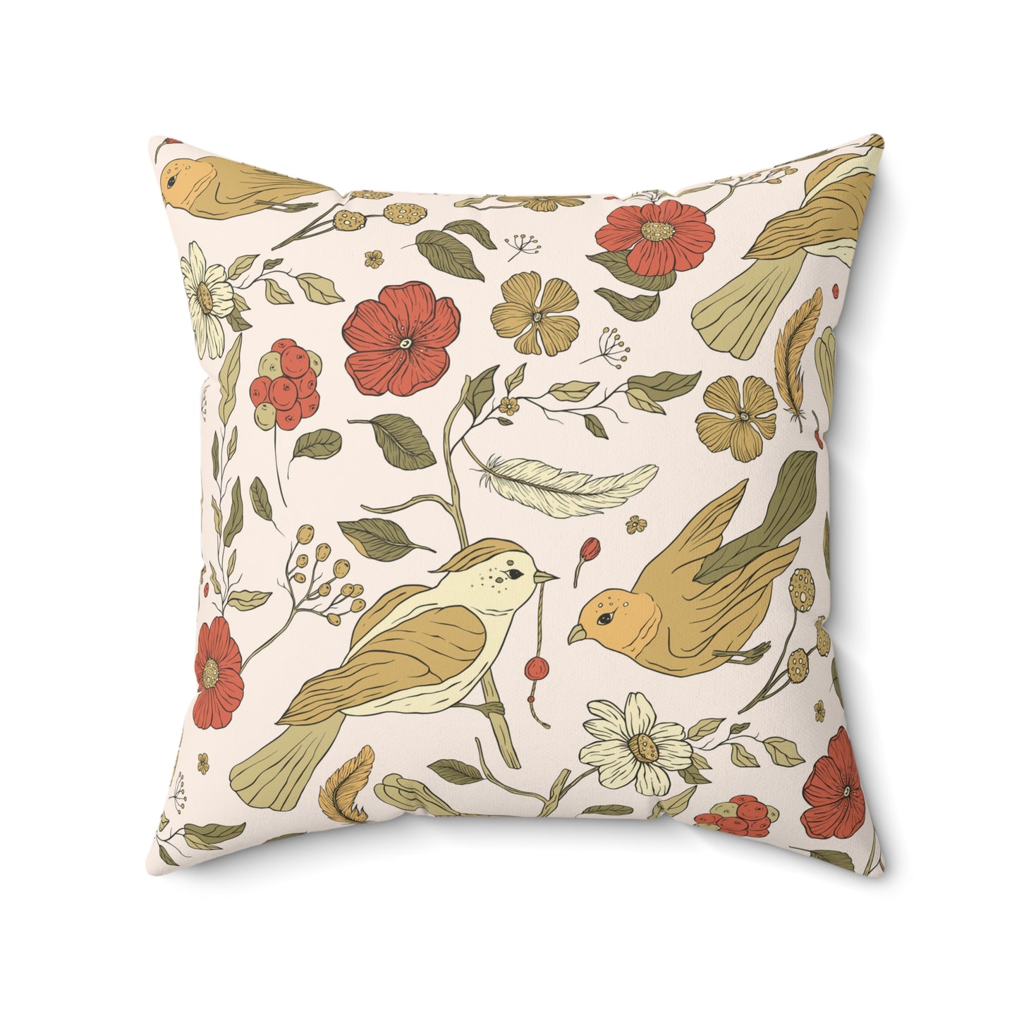 Throw Pillow Flora and Songbirds Eating Berries