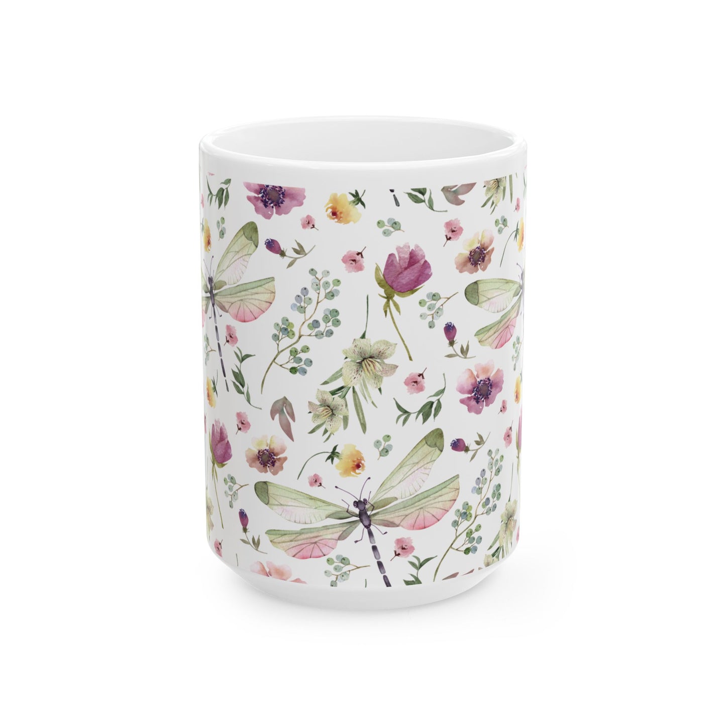 Whimsy in Bloom – Dragonflies & Floral Elegance ,Mug, Ceramic