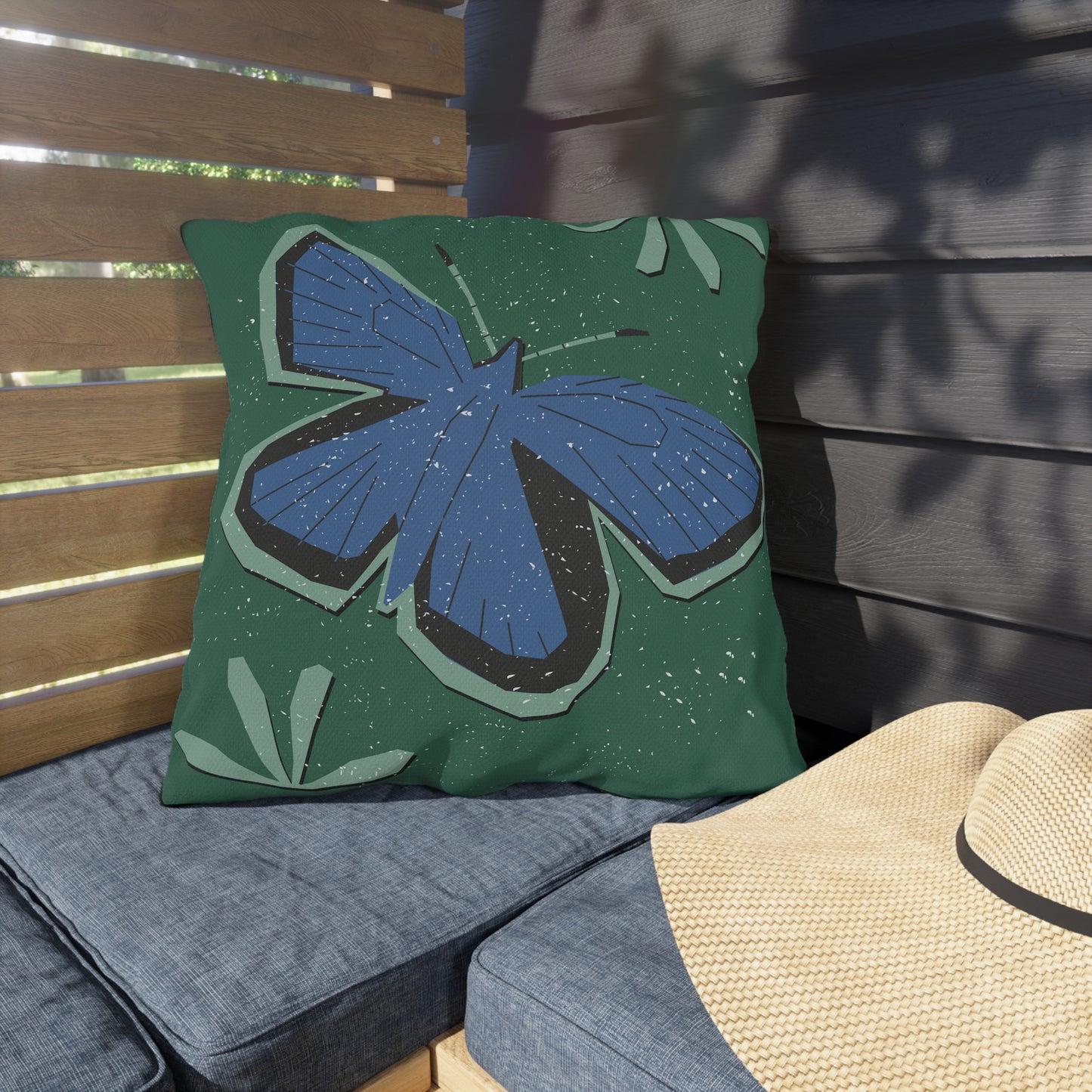 Outdoor Pillow - Blue Butterfly Rustic Matisse Inspired Back Design