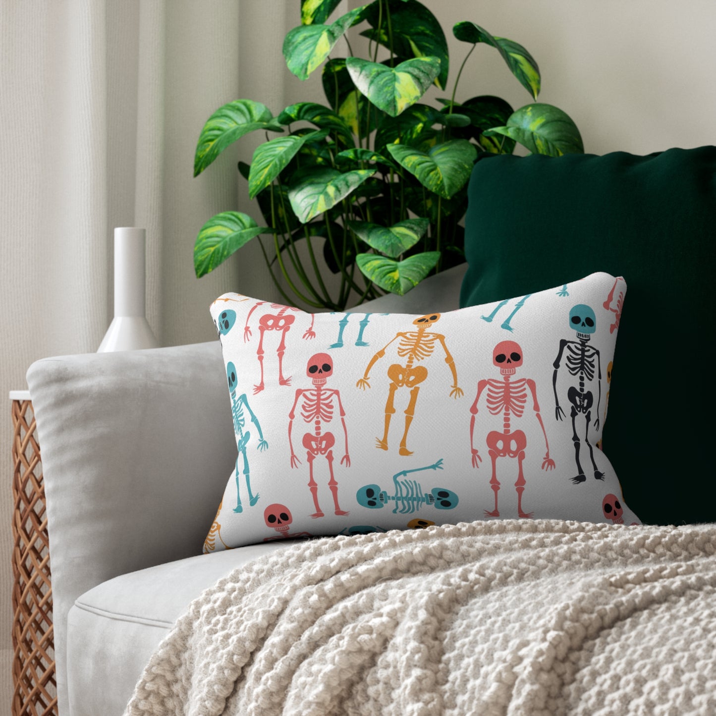 Halloween Lumbar Pillow, Fun Skeleton Decor, Spooky Home Accent, Bone Pattern Cushion, Holiday Throw Pillow