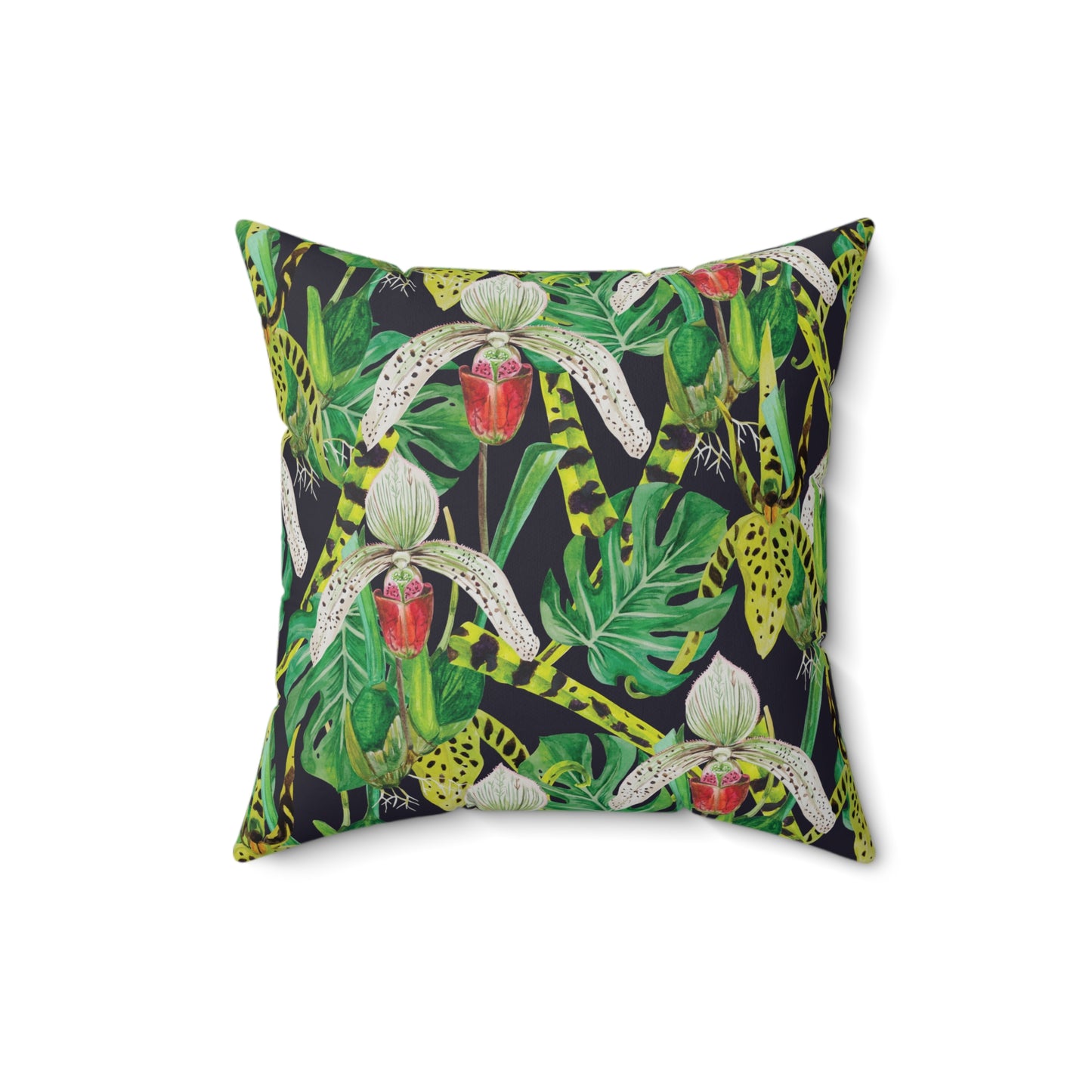 Tropical Noire Throw Pillow – Exotic Orchids & Classic Damask Reversible Design Square Pillow, Botanical Decor, Cozy Home Accessories, Gift for Plant Lovers, Modern Throw Pillows