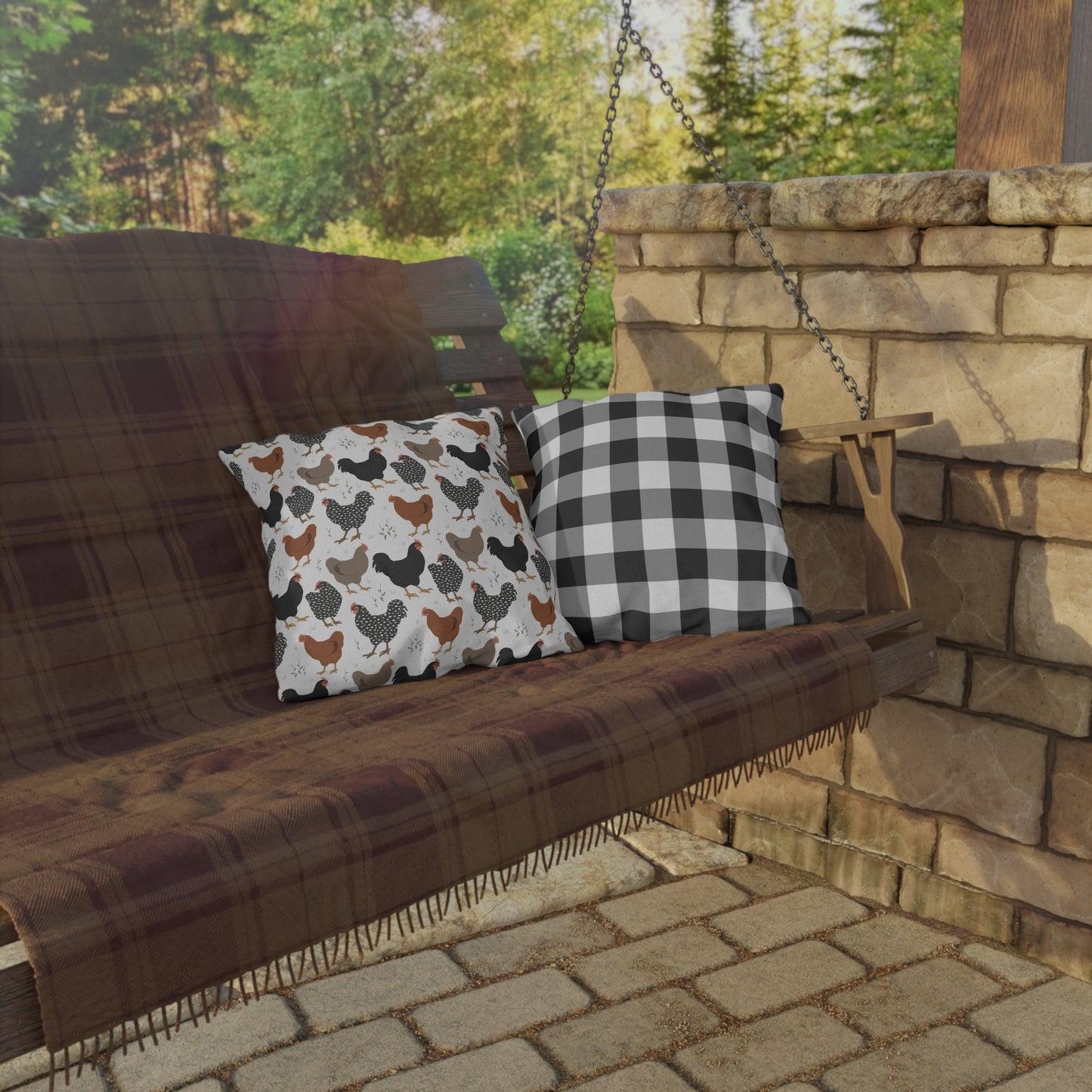 Chickens & Plaid Outdoor Pillows