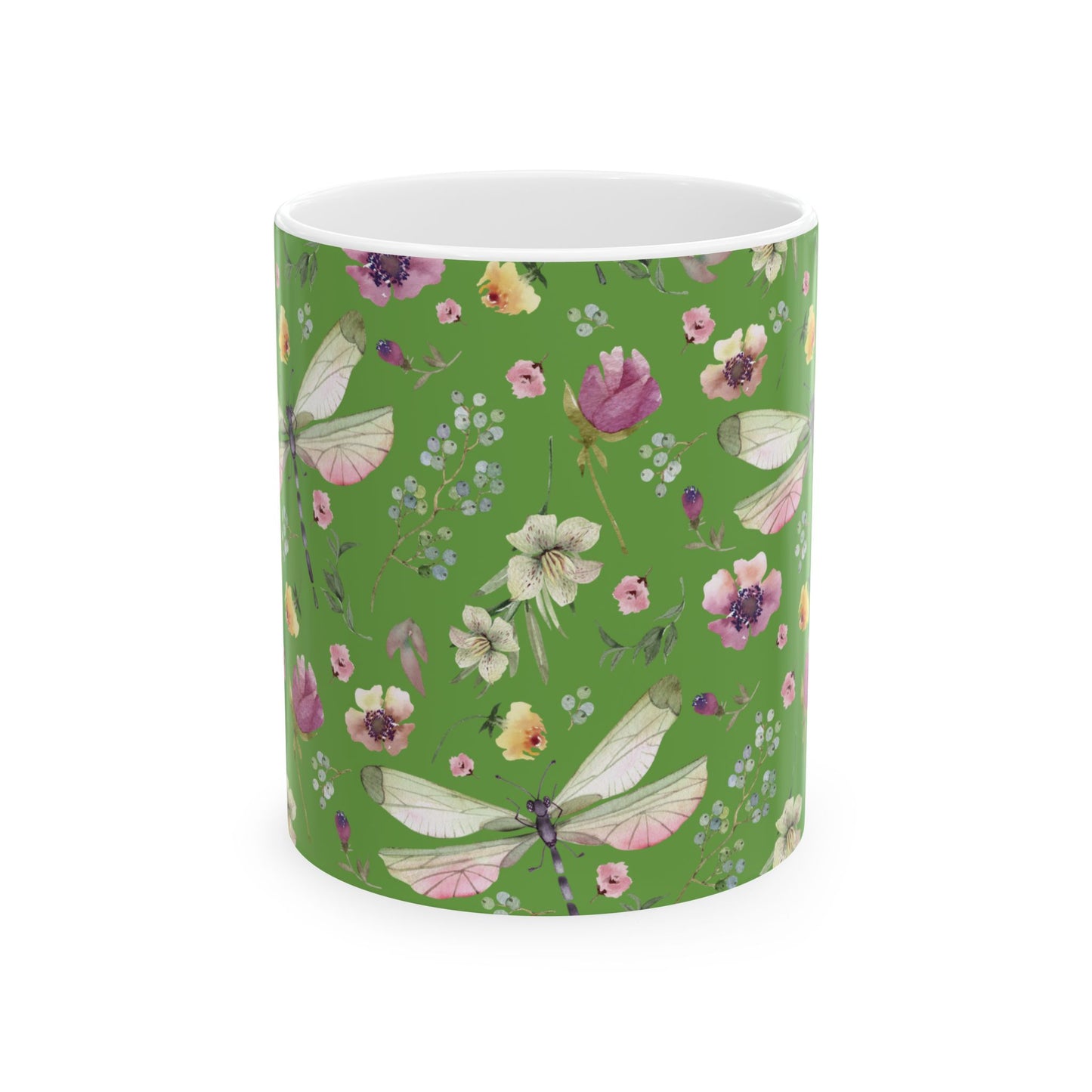 Whimsy in Bloom – Dragonflies & Floral Elegance ,Mug, Ceramic - Green
