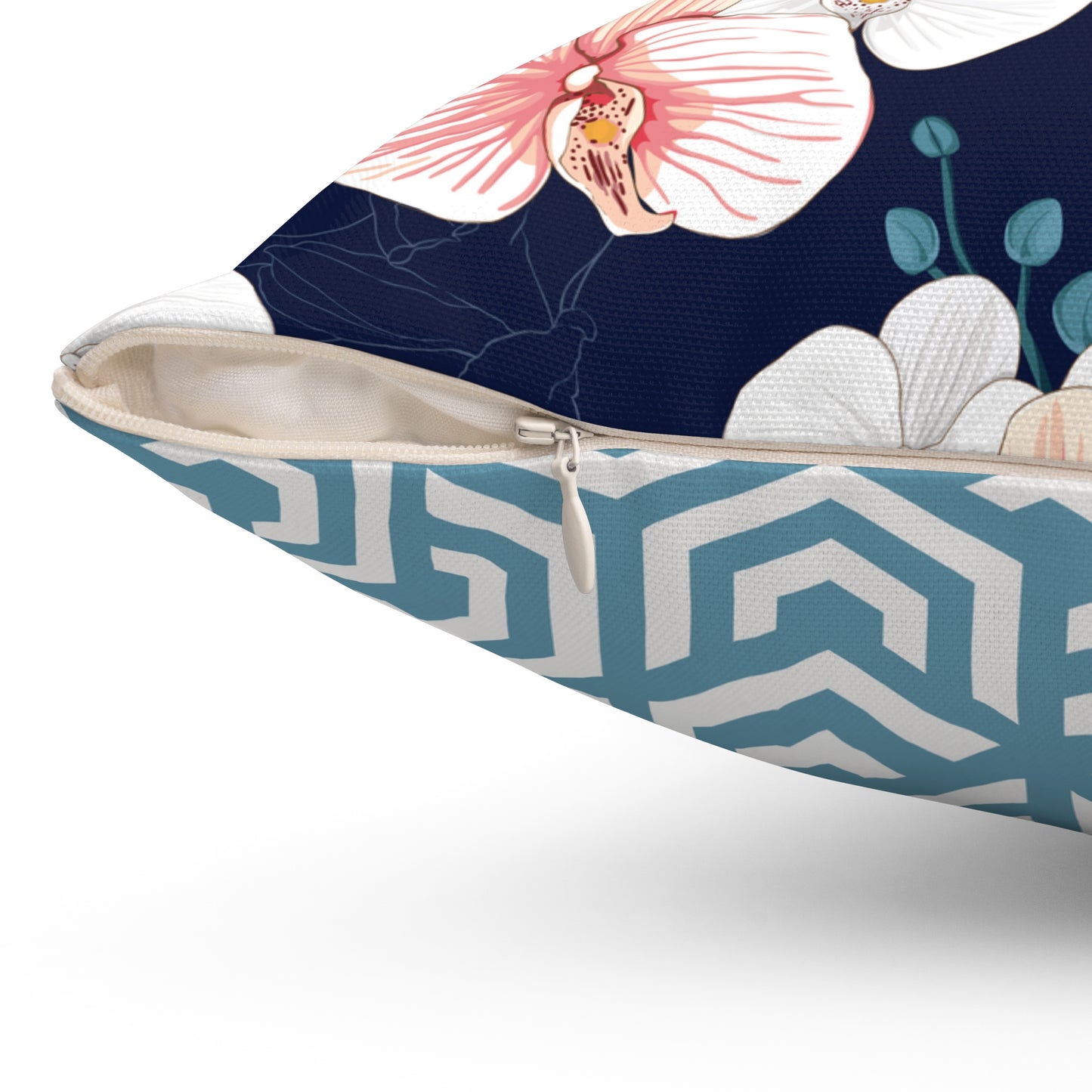 Square Accent Throw Pillow - Peachy White and Pink Orchid Blossoms on Indigo Background