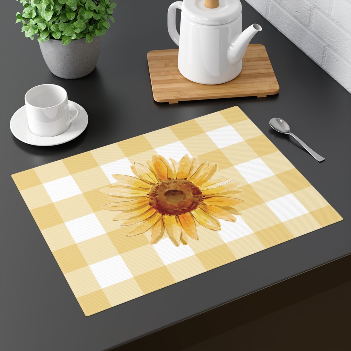 Sunflower Gingham Placemat - Farmhouse Table Decor, Spring Kitchen Accessory, Floral Dining Mat, Cute Hostess Gift, Mother's Day Gift