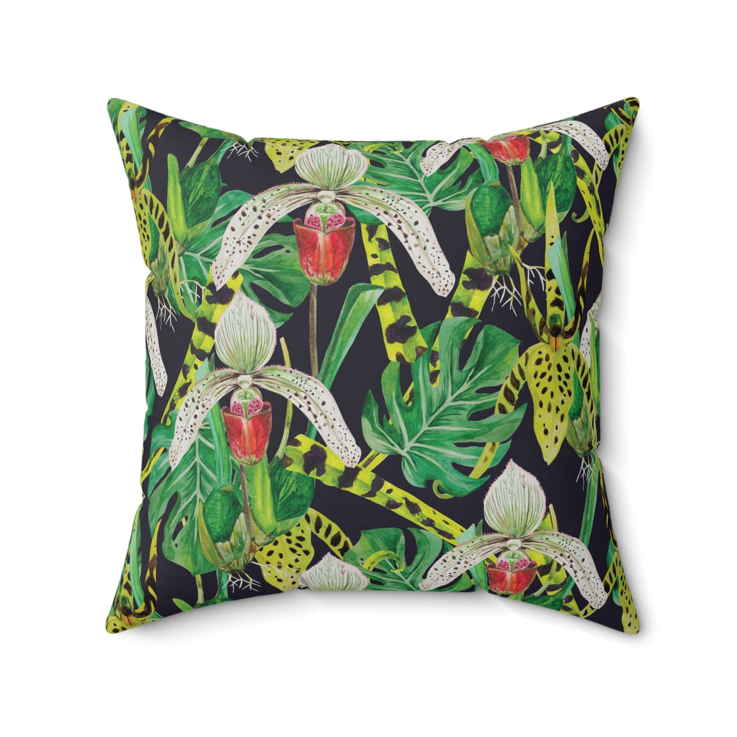 Tropical Noire Throw Pillow – Exotic Orchids & Classic Damask Reversible Design Square Pillow, Botanical Decor, Cozy Home Accessories, Gift for Plant Lovers, Modern Throw Pillows