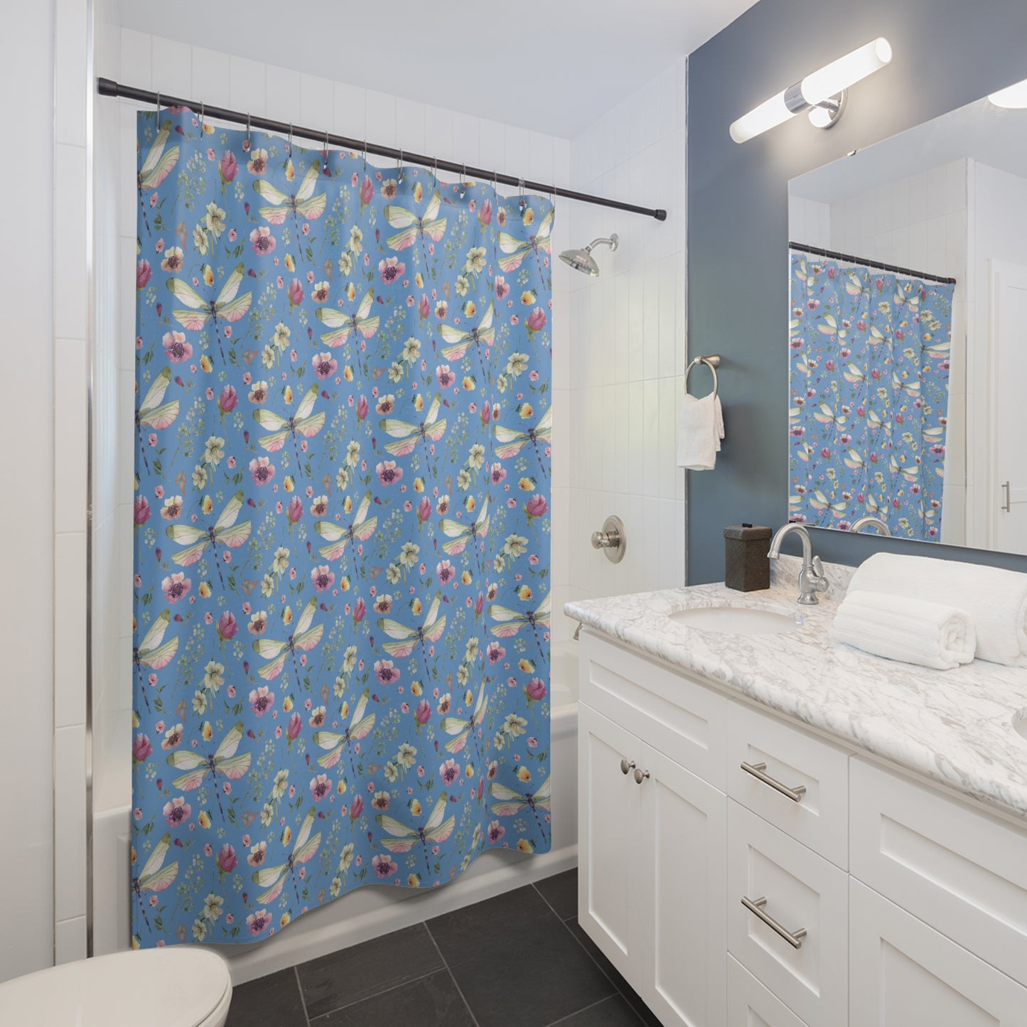 Floral Dragonfly Shower Curtain - Nature-Inspired Bathroom Decor - Blue