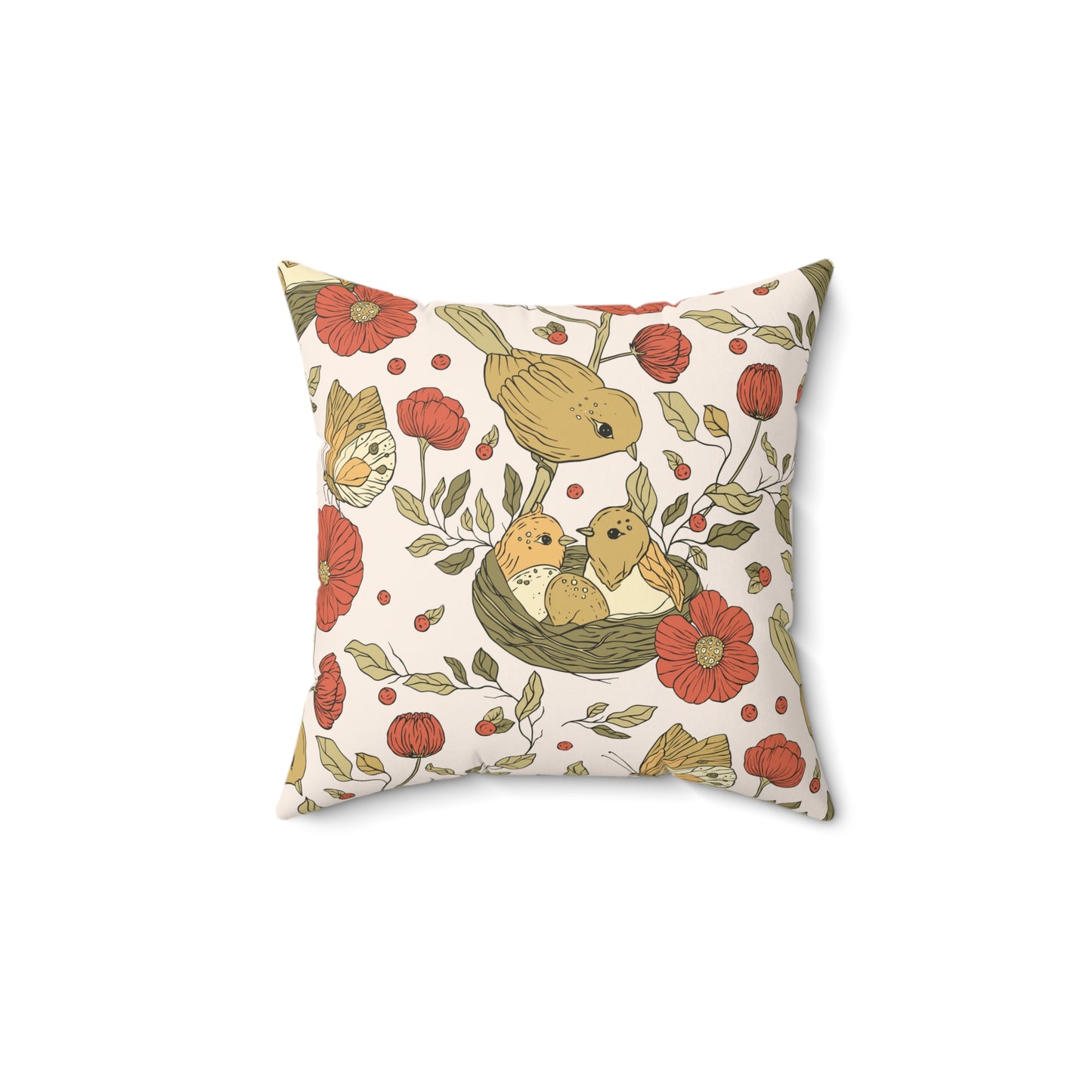 Throw Pillow Mother Sparrow and Nesting Twins Chic Decorative Pillow, Cozy Home Decor, Bird and Floral Cushion, Nature-Inspired Accent, Perfect Gift for Any Occasion