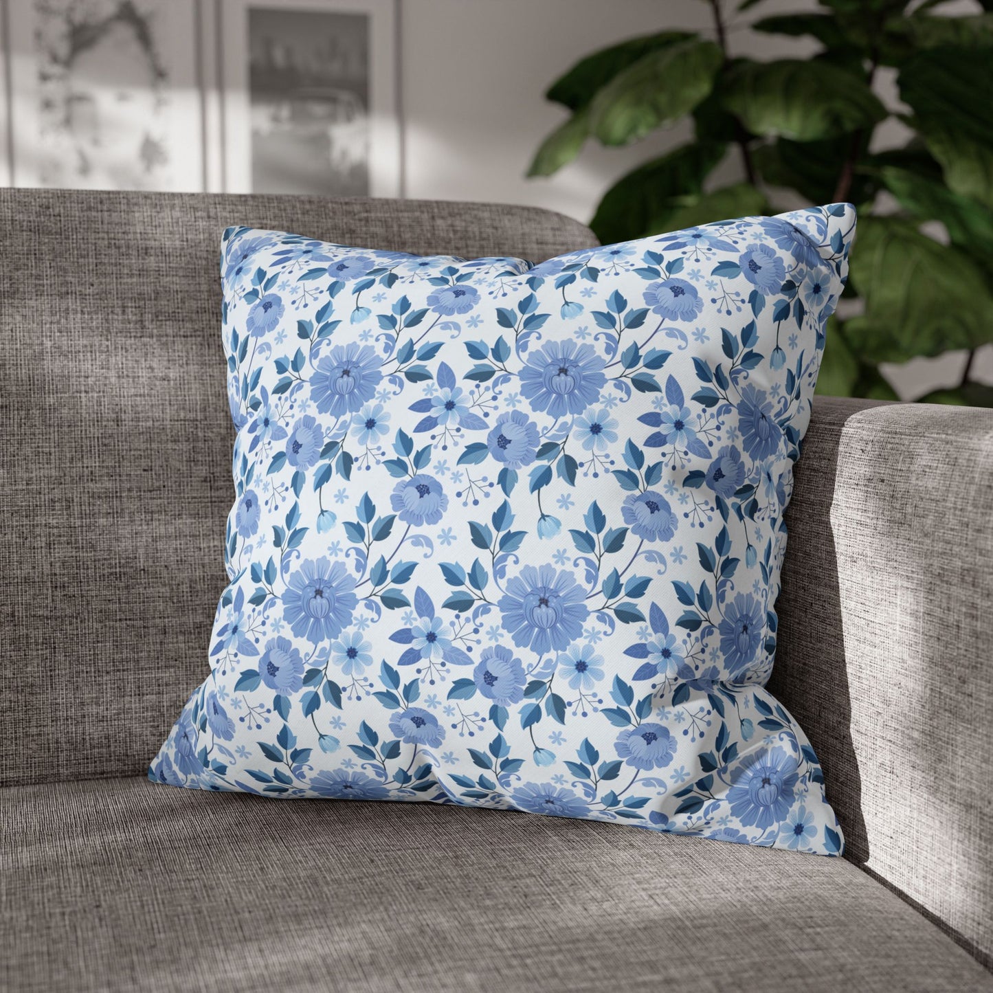Floral Print Throw Pillowcase, Cozy Home Decor, Gift for Her, Accent Cushions, Living Room Comfort, Wedding Gift, Blue Flower Cushion