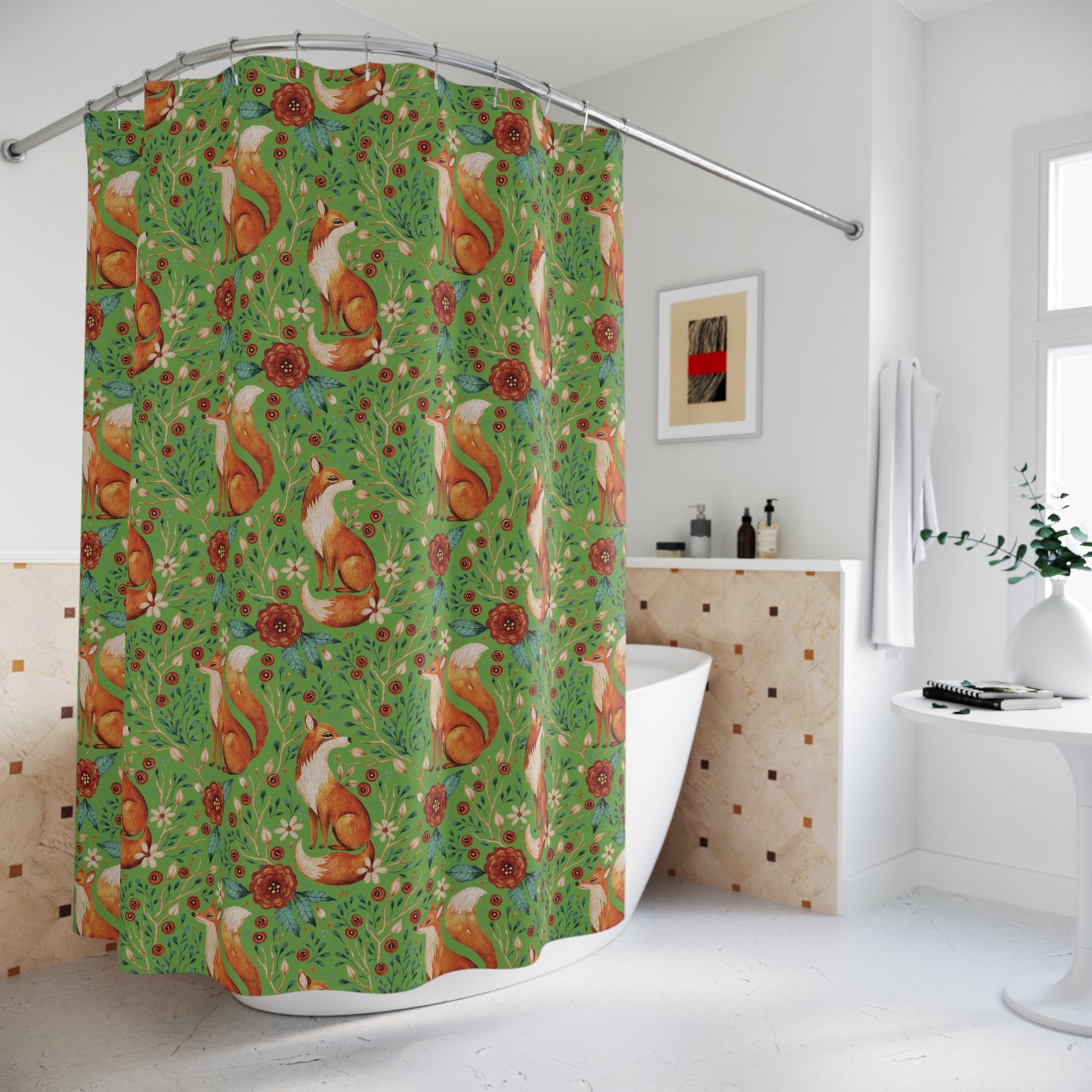 Whimsical Fox Shower Curtain - Nature-Inspired Bathroom Decor - Thyme Green