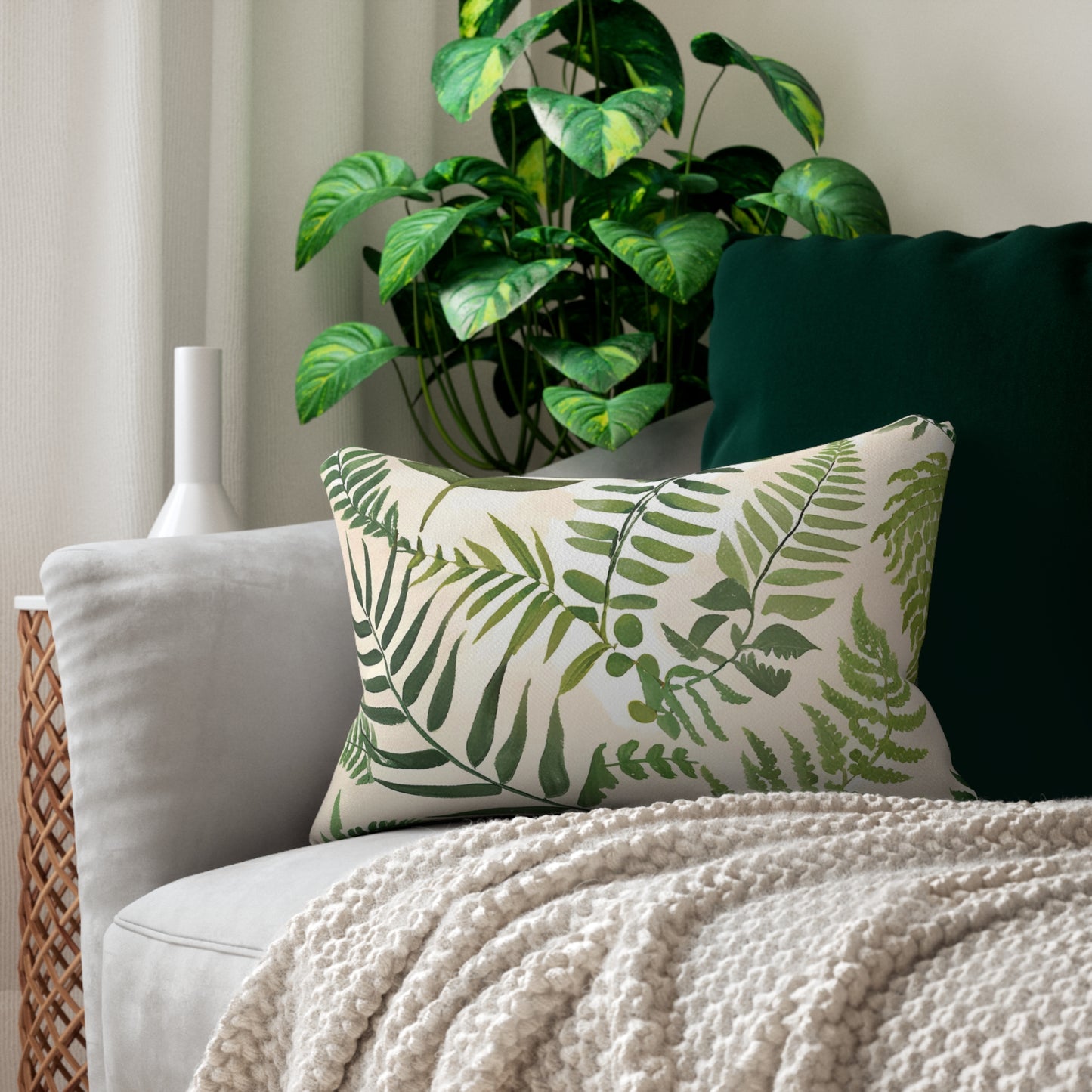 Botanical Fern Lumbar Pillow, Decorative Cushion, Home Decor, Couch Accent, Fern Print, Nature Inspired, Gift for Her, Boho Style