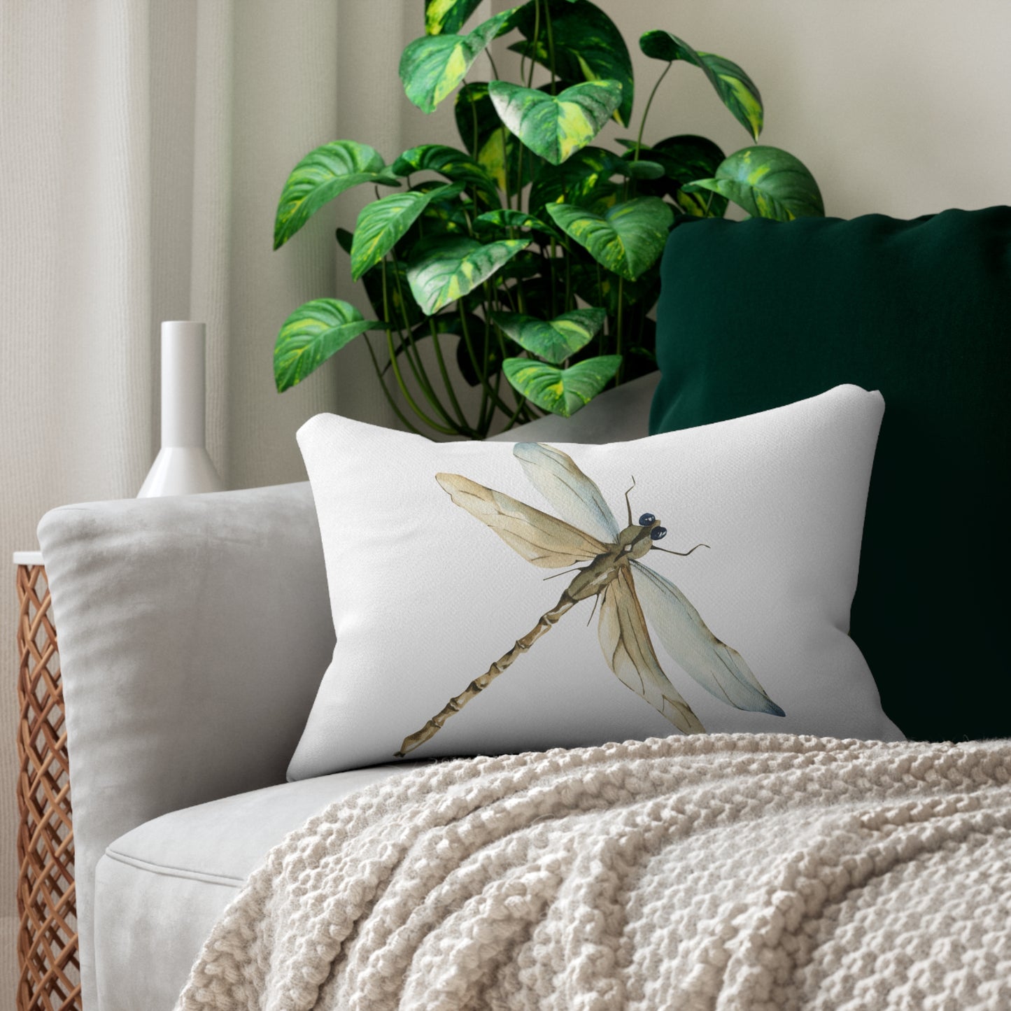 Earthy Floral & Dragonfly Lumbar Pillow, Decorative Cushion for Home, Boho Living Room Decor, Gift for Nature Lovers, Cozy Home Accent
