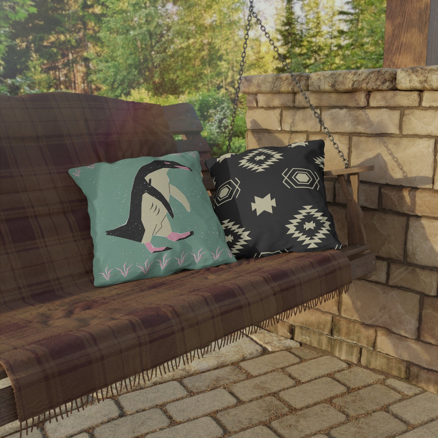Stylish Outdoor Pillows for Cozy Patios, Penguin Decor, Tribal Pattern Cushion, Summer Accessories, Unique Home Gift