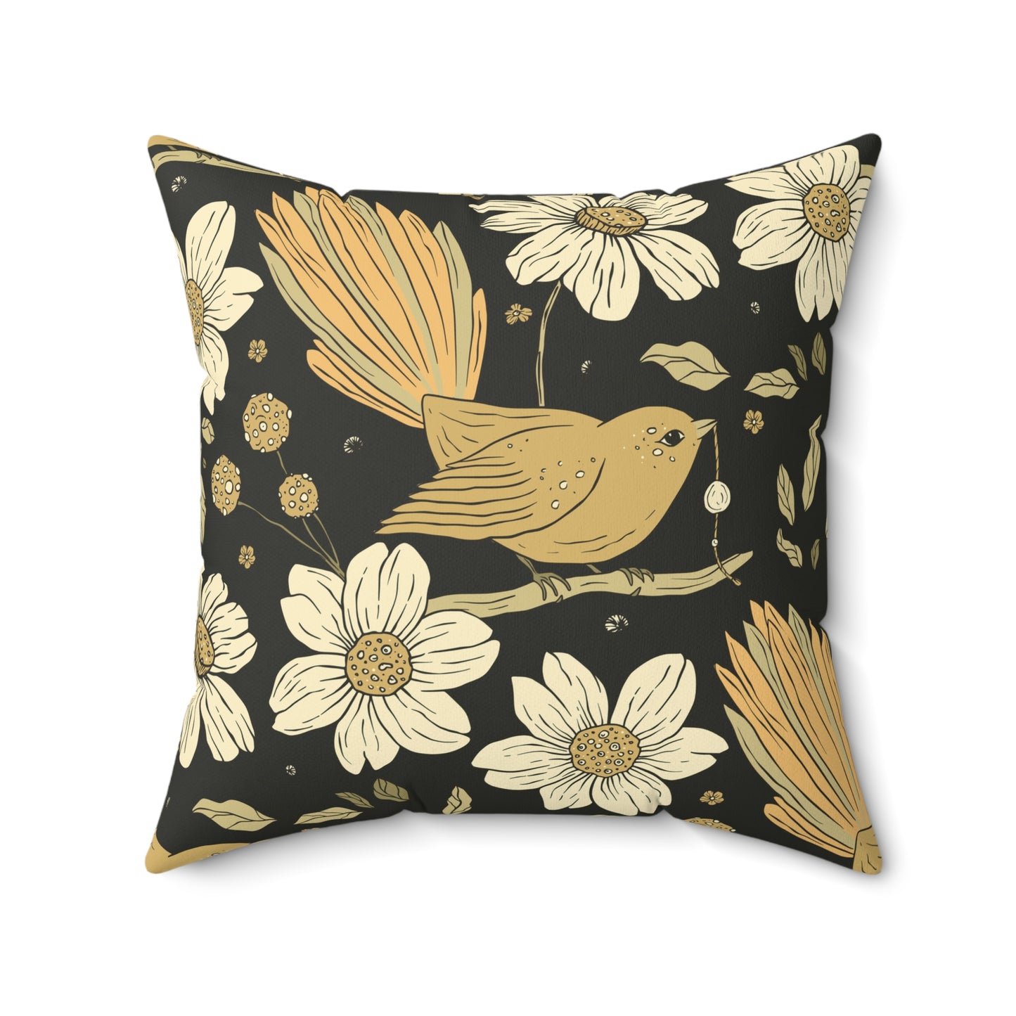 Throw Pillow Sparrow Eating and Daisies Chic Floral Square Pillow, Earthy Home Decor, Stylish Couch Cushion, Handcrafted Accent Pillow, Birthday Gift, Cozy Living Room Decor
