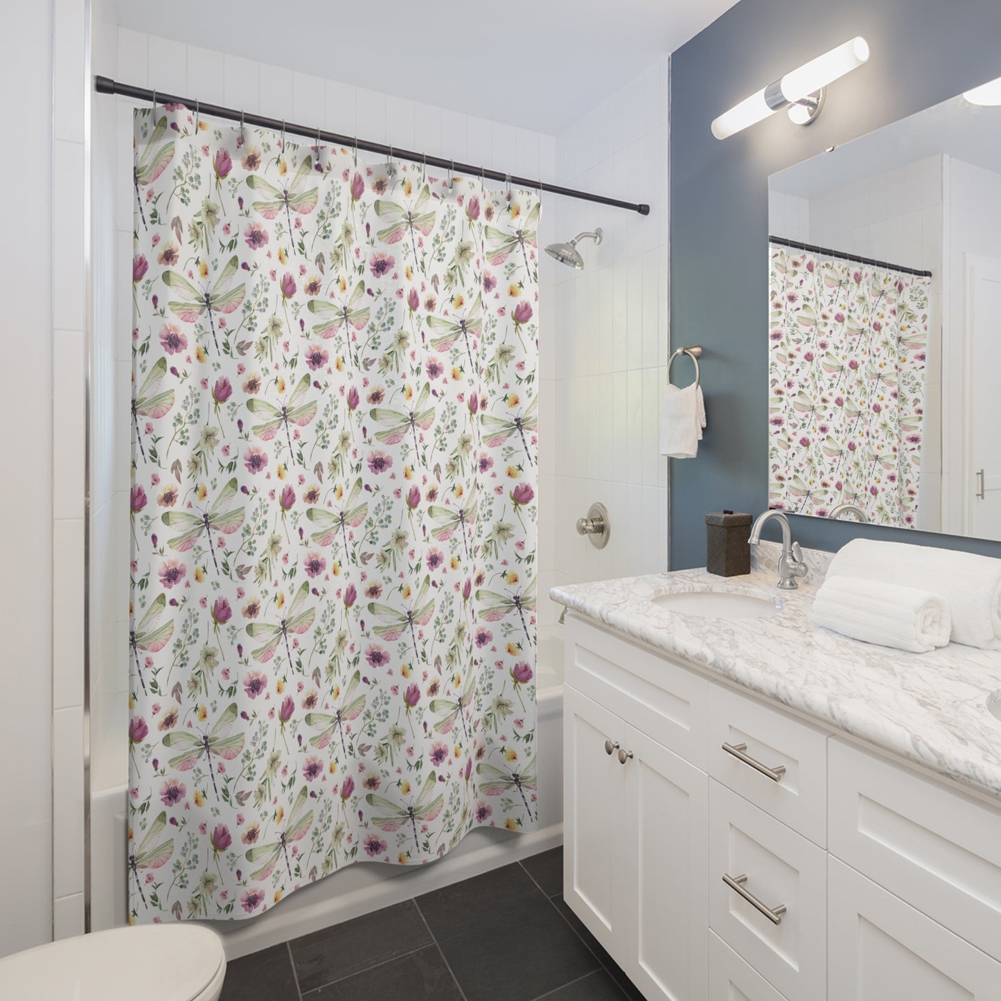 Floral Dragonfly Shower Curtain - Nature-Inspired Bathroom Decor