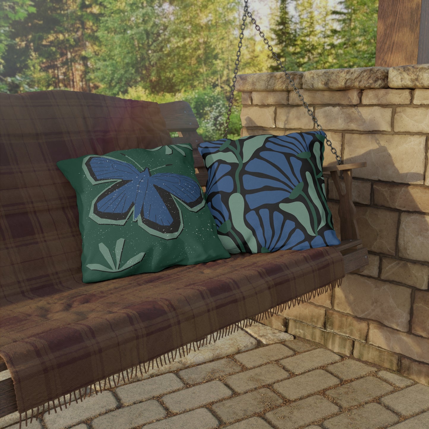 Outdoor Pillow - Blue Butterfly Rustic Matisse Inspired Back Design