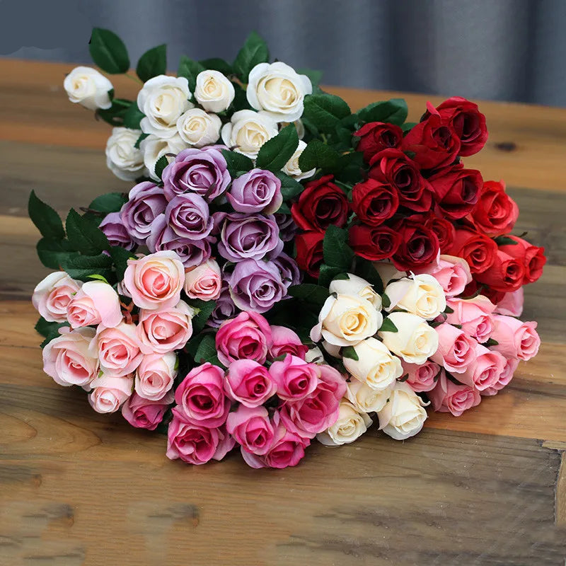 12 Heads Elegant Romantic Faux Roses Flowers Bunch Simulation Silk Flowers Bridal Hand Bouquet Home Party Wedding Decor Rose Floral