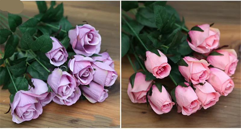 12 Heads Elegant Romantic Faux Roses Flowers Bunch Simulation Silk Flowers Bridal Hand Bouquet Home Party Wedding Decor Rose Floral