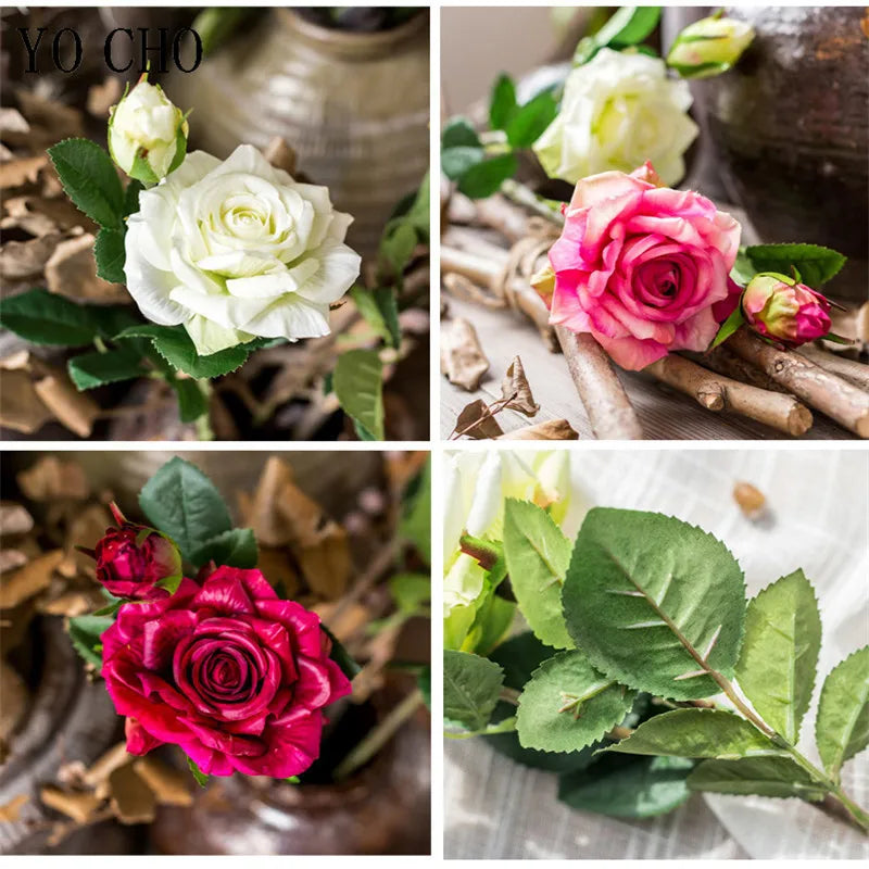 Single Rose Silk Flower Stem with Real Touch Rose Flowers Home Wedding Decoration Table