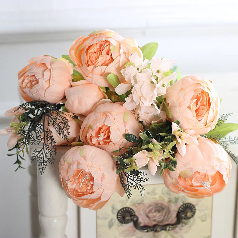 1Bunch European Crafted Peony Flowers Big Bouquet Silk Flowers Wedding Party Home Decoration Wreath DIY Scrapbooking