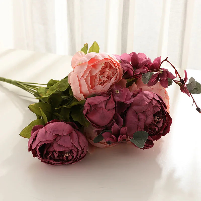 1Bunch European Crafted Peony Flowers Big Bouquet Silk Flowers Wedding Party Home Decoration Wreath DIY Scrapbooking