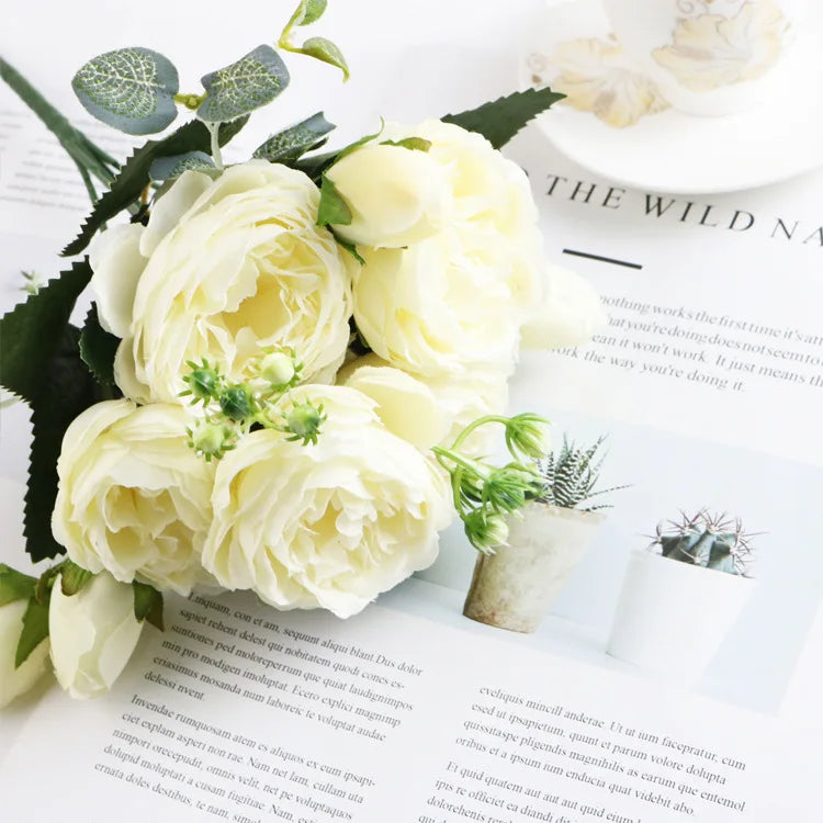 1 Bundle Silk Peony Bouquet Home Decoration Accessories Wedding Party Pompons Artificial Roses Flowers