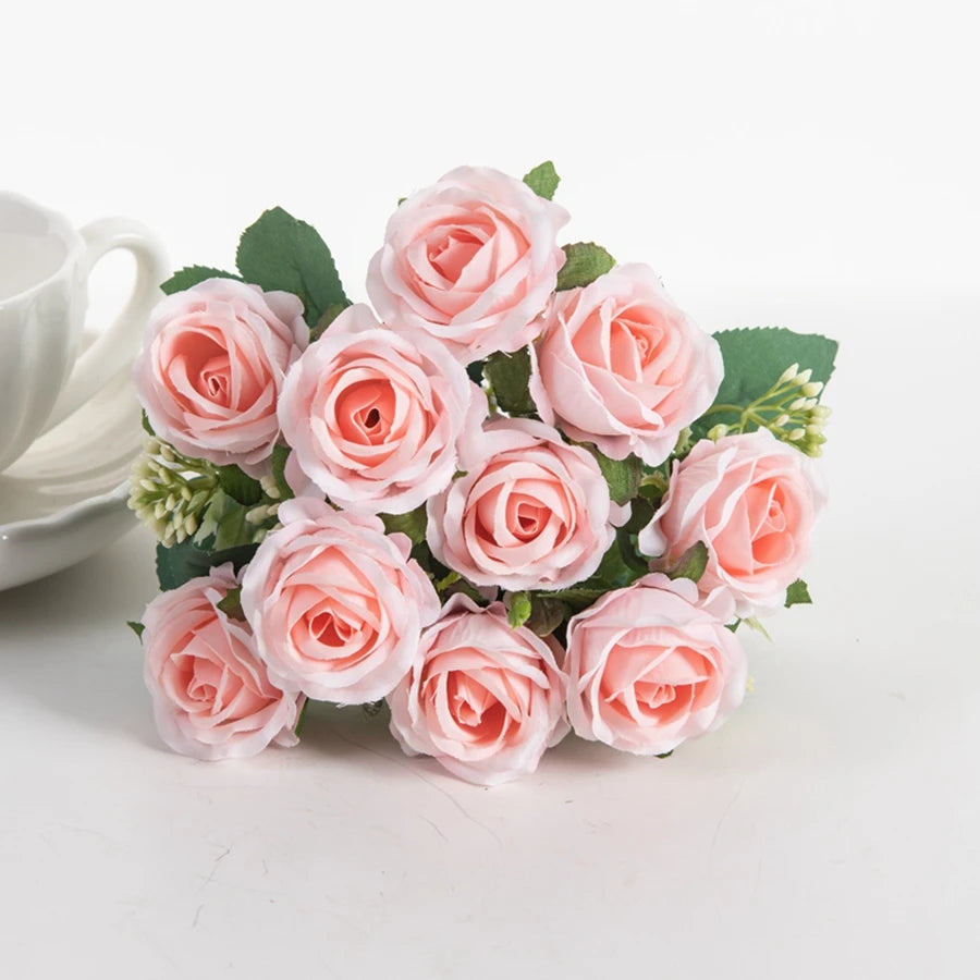 Silk Flowers Ten Head Rose Bundle Scrapbook Valentine Wedding Outdoor Garden Party Family Room Vase Decoration
