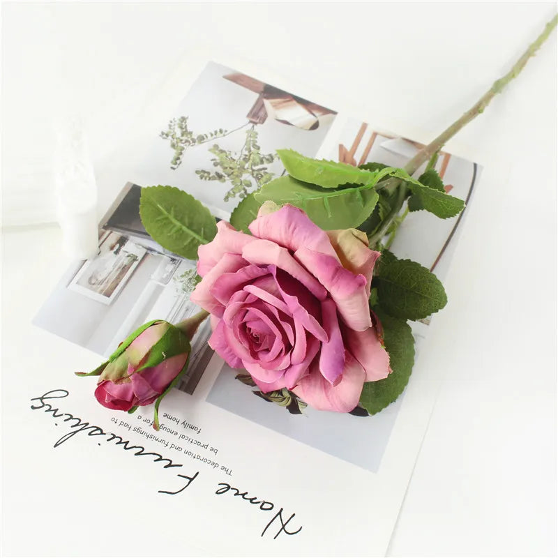 Single Rose Silk Flower Stem with Real Touch Rose Flowers Home Wedding Decoration Table