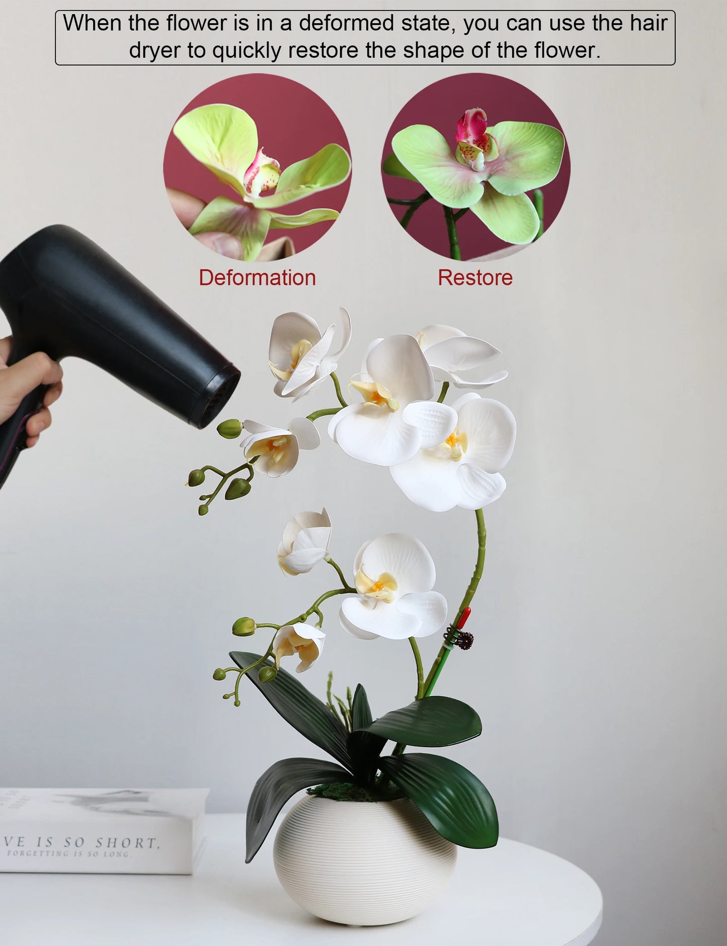 Real Touch White Orchid Artificial Flowers with Vase for Home Bathroom Decor Indoor Christmas Decorations
