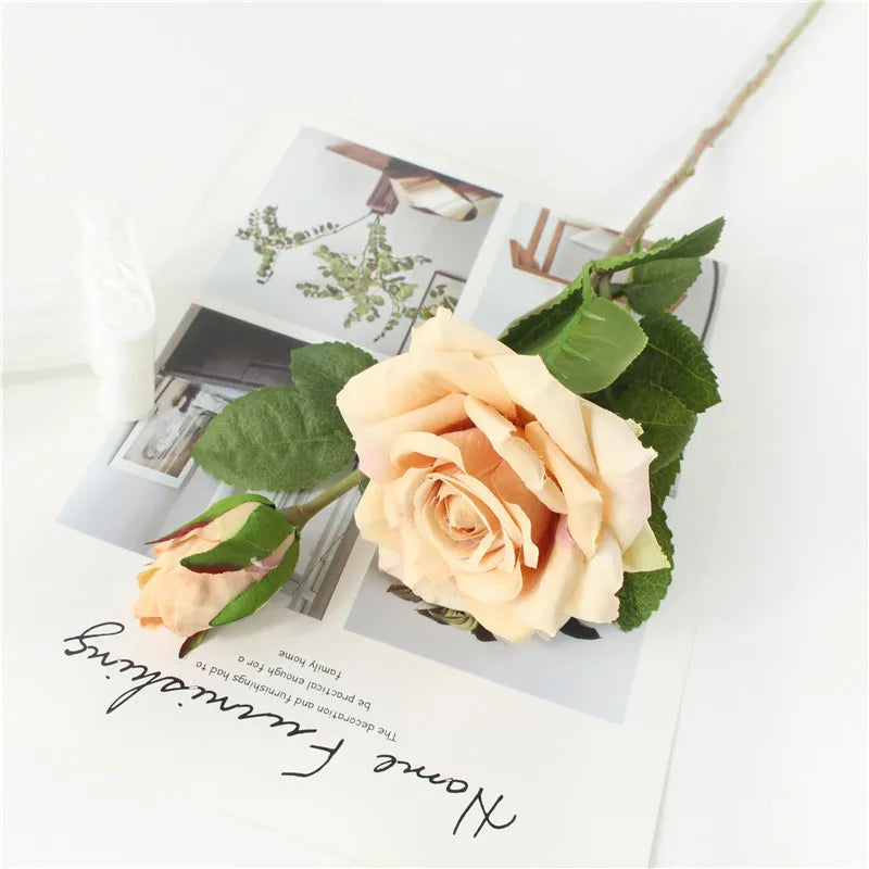 Single Rose Silk Flower Stem with Real Touch Rose Flowers Home Wedding Decoration Table