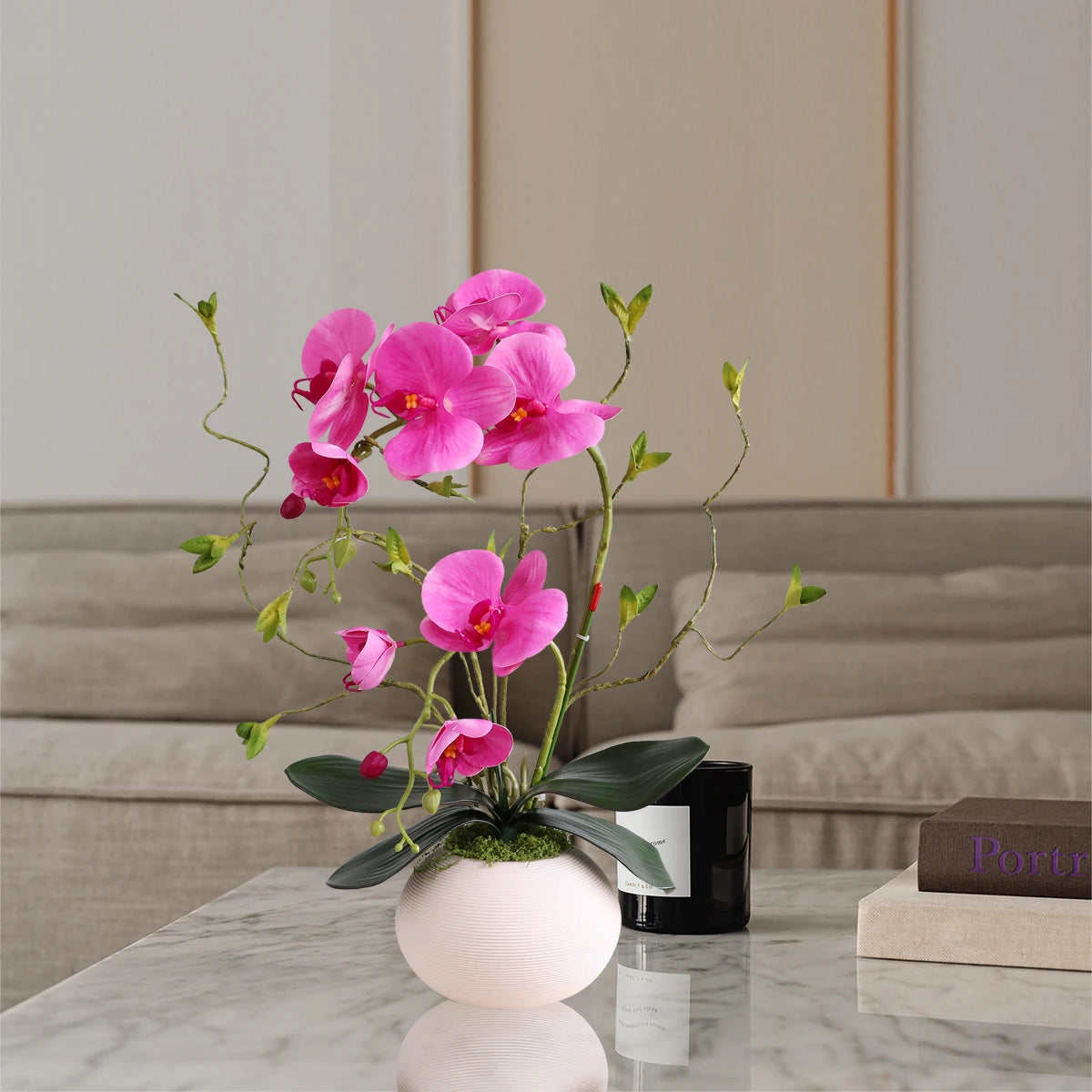 Real Touch White Orchid Artificial Flowers with Vase for Home Bathroom Decor Indoor Christmas Decorations