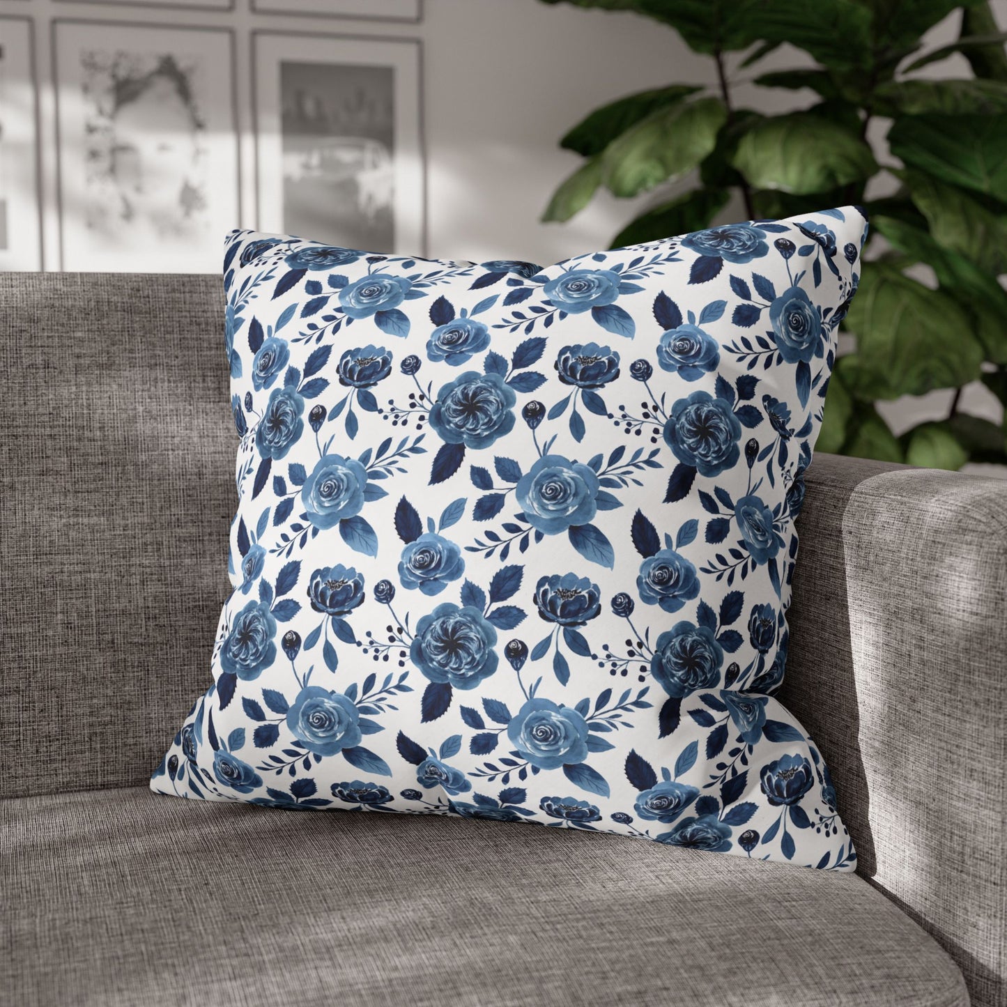 Floral Blue Canvas Pillowcase, Decorative Cushion Cover for Home Decor, Gifts for Her, Throw Pillow Cover, Cozy Living Room Accent