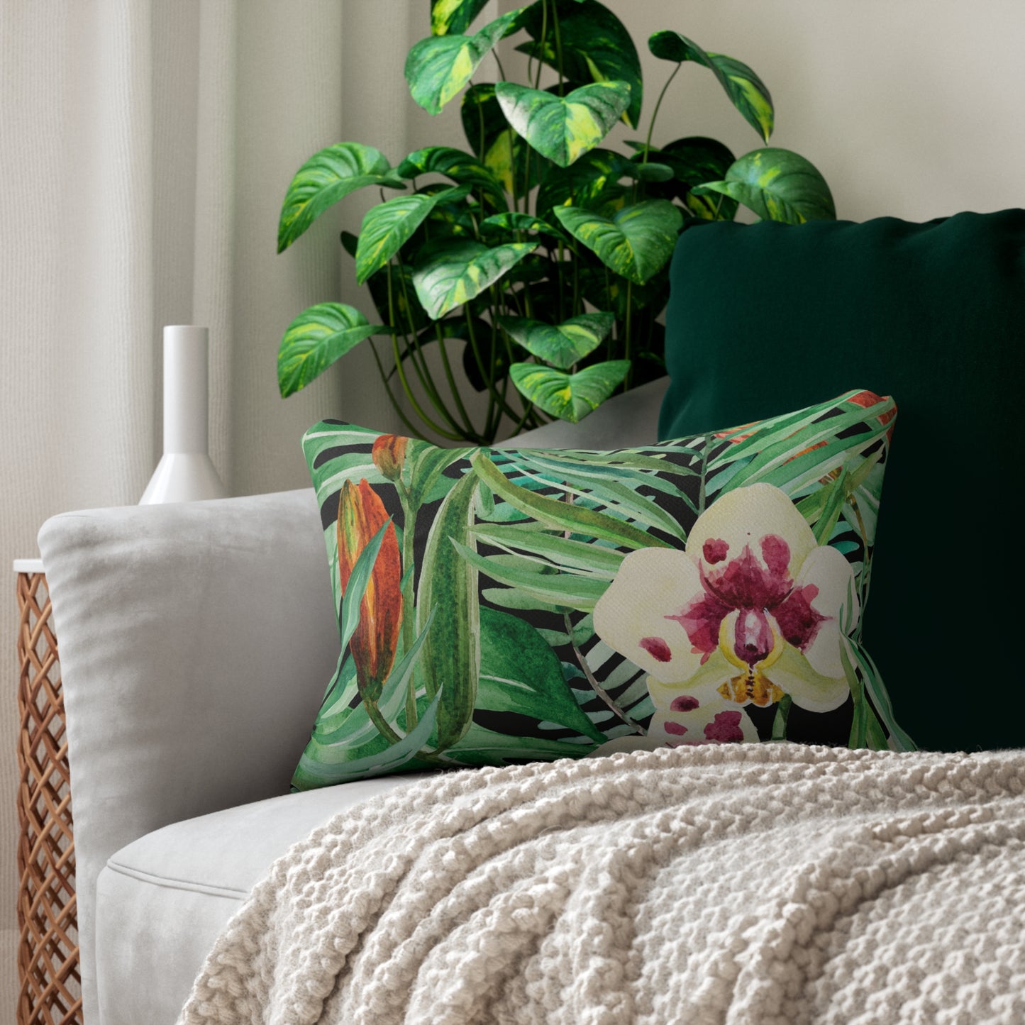 Tropical Exotic Orchid Floral Lumbar Pillow, Botanical Decorative Cushion, Nature-Inspired Home Decor, Gift for Plant Lovers, Cozy Living Room Accent