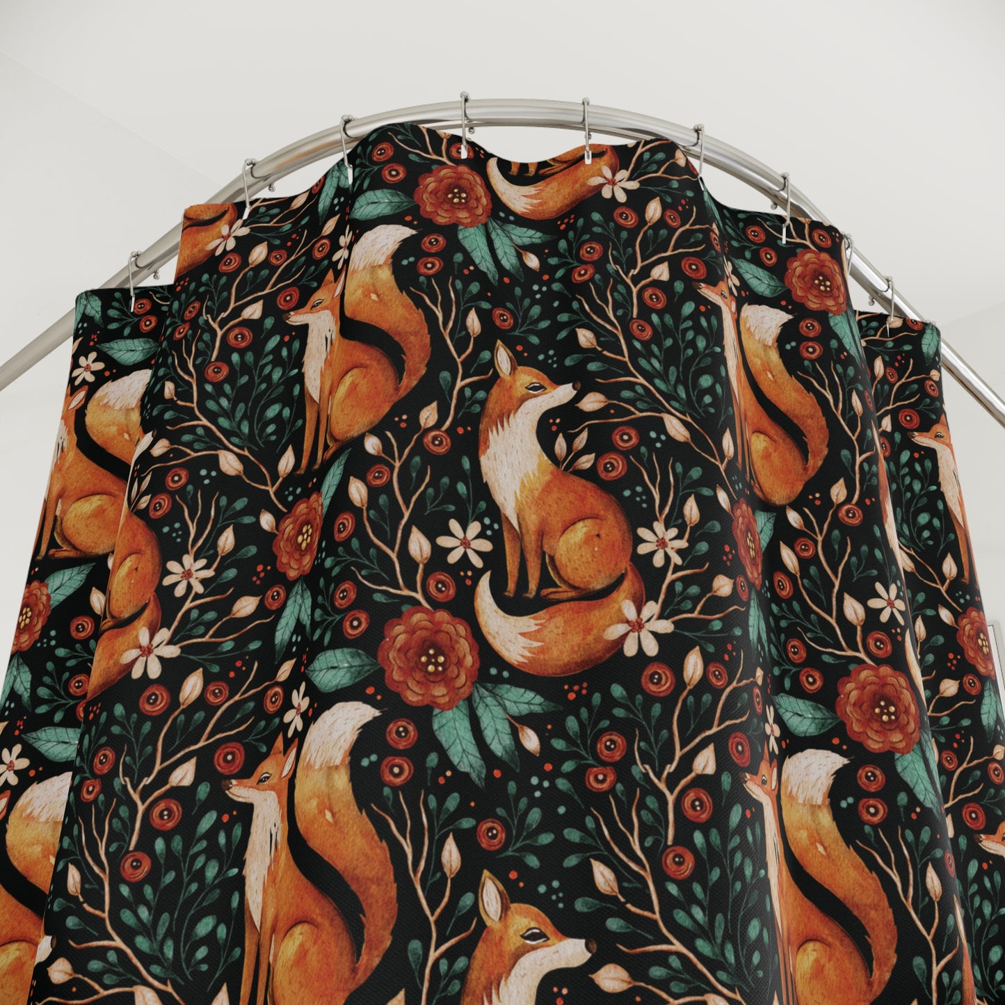Whimsical Fox Shower Curtain - Nature-Inspired Bathroom Decor - Black