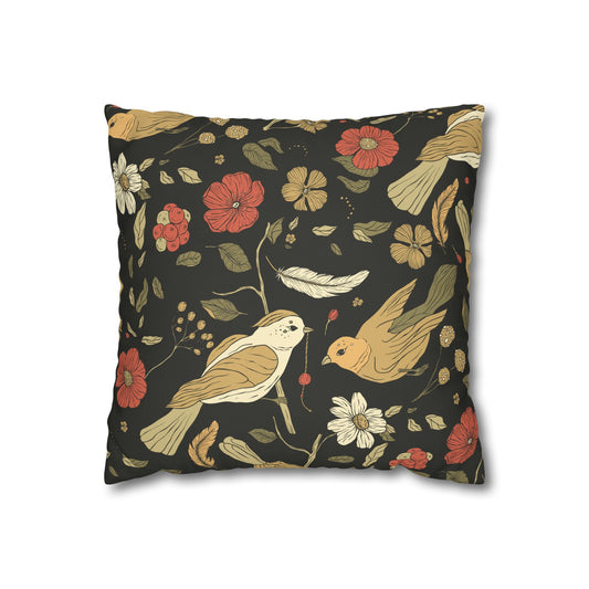 Floral Bird Canvas Pillowcase, Vintage Style Decorative Cushion, Boho Home Decor, Bird Lovers Gift, Cozy Living Room Accent