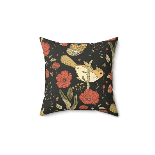 Throw Pillow Songbird with Berry Gift Chic Decorative Pillow, Boho Home Decor, Floral Cushion, Unique Gift, Living Room Accent, Vintage Style Pillow
