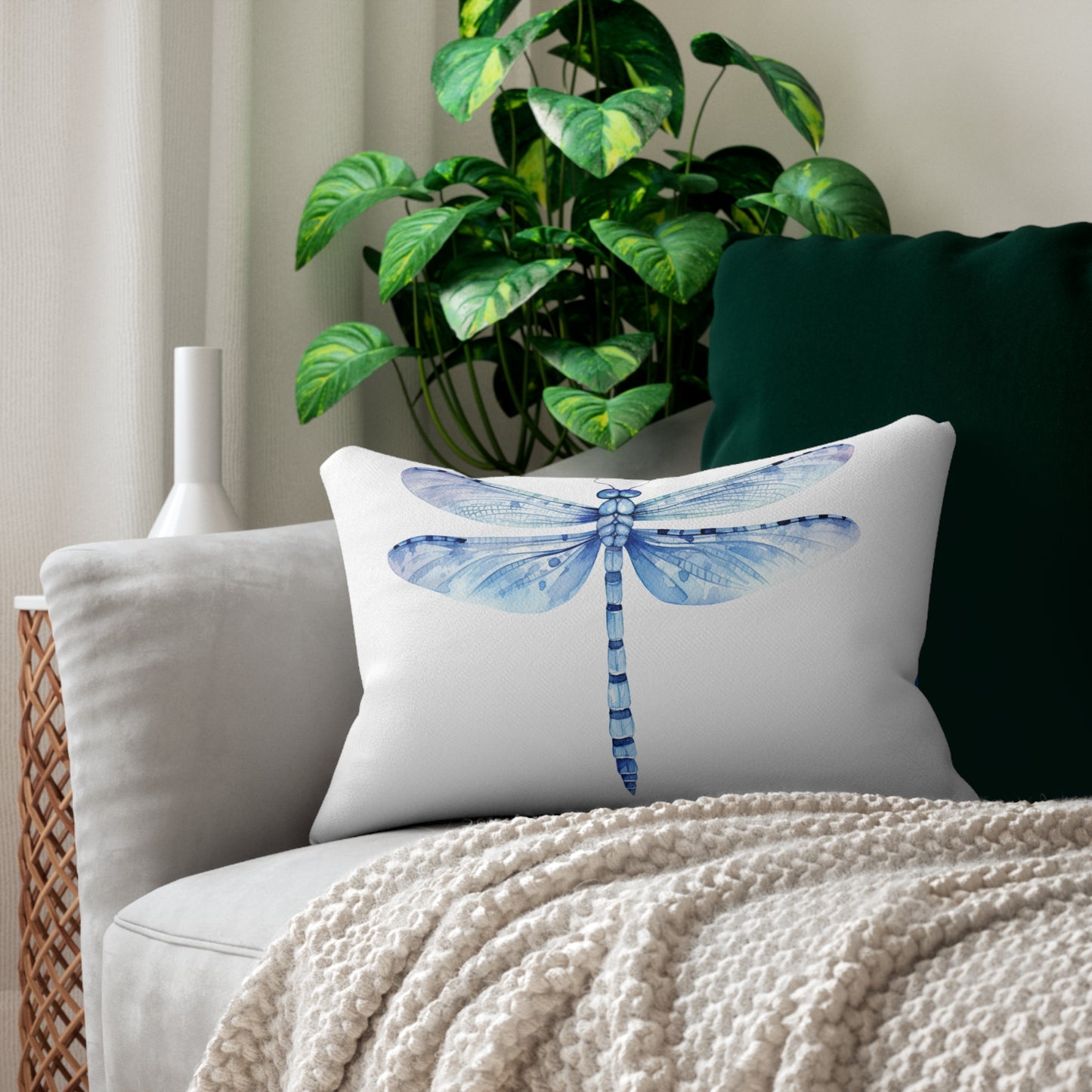 Blue Design Lumbar Pillow - Decorative Home Accent, Couch Cushion, Dragonfly Pattern, Coastal Decor, Gift for Her